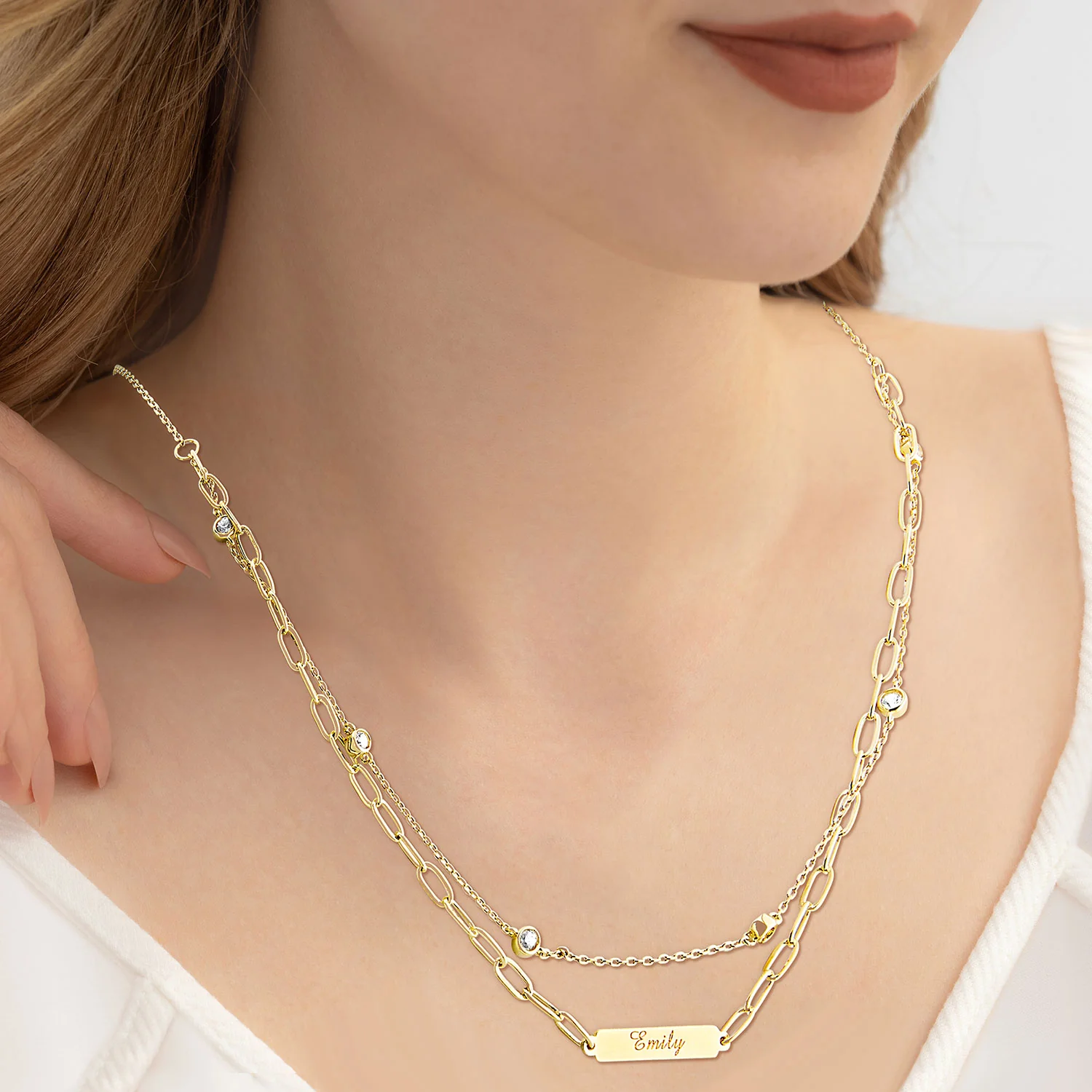 Engraved Plaque and CZ Station Layered Multichain Necklace - Image 2