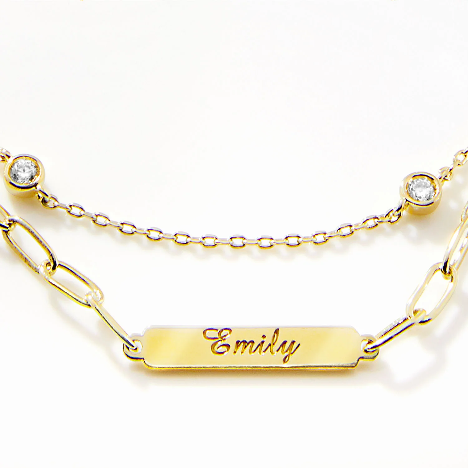 Engraved Plaque and CZ Station Layered Multichain Necklace - Image 4