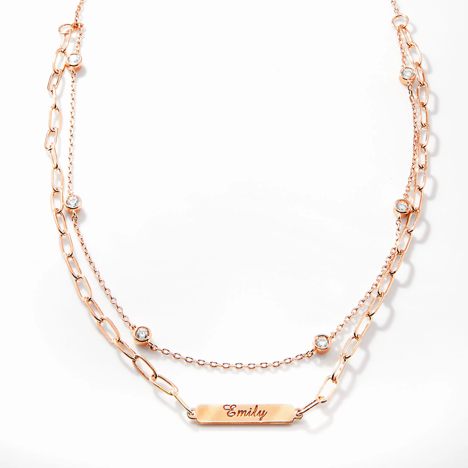 Engraved Plaque and CZ Station Layered Multichain Necklace - Image 5