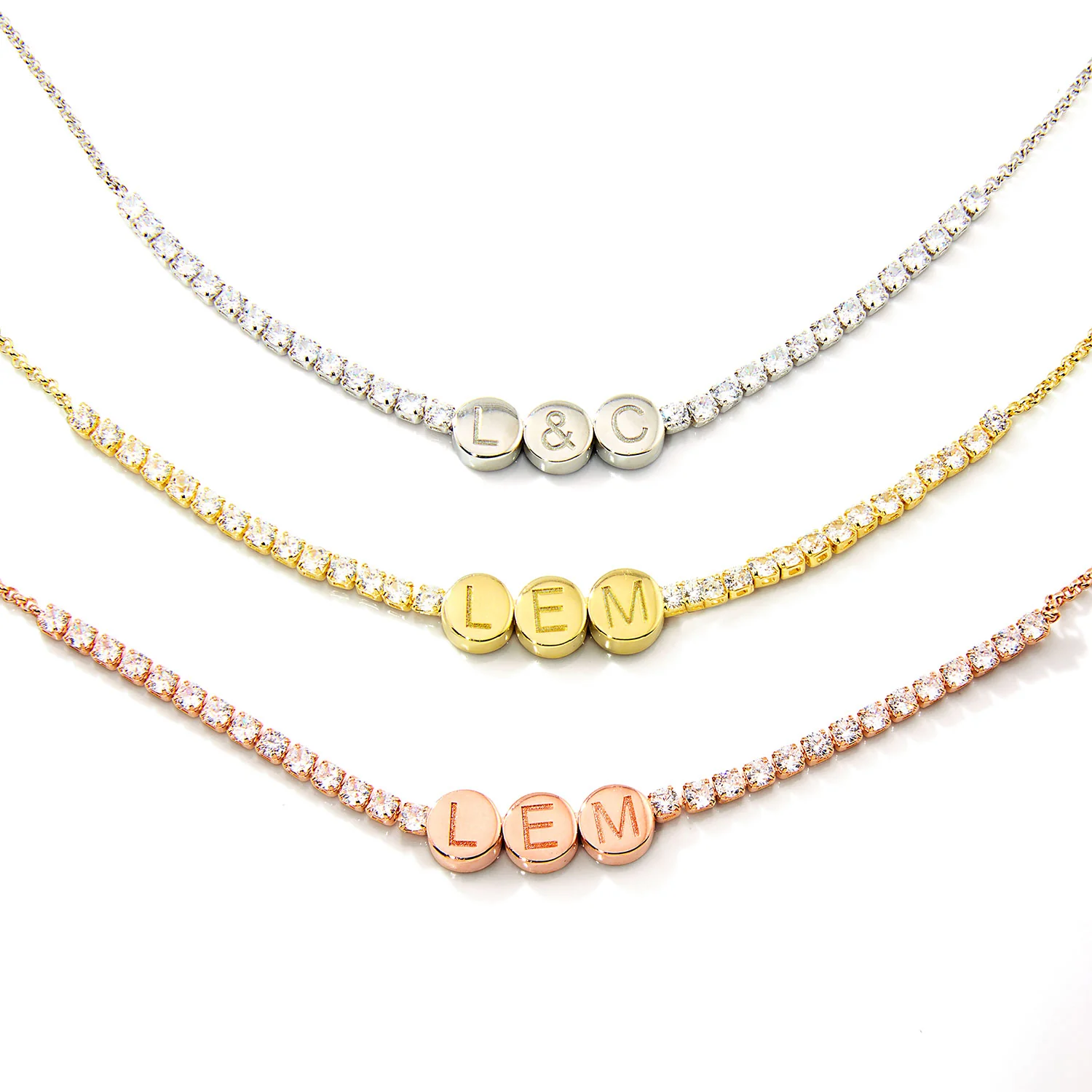 Engraved Slider Charms Station CZ Tennis Necklace