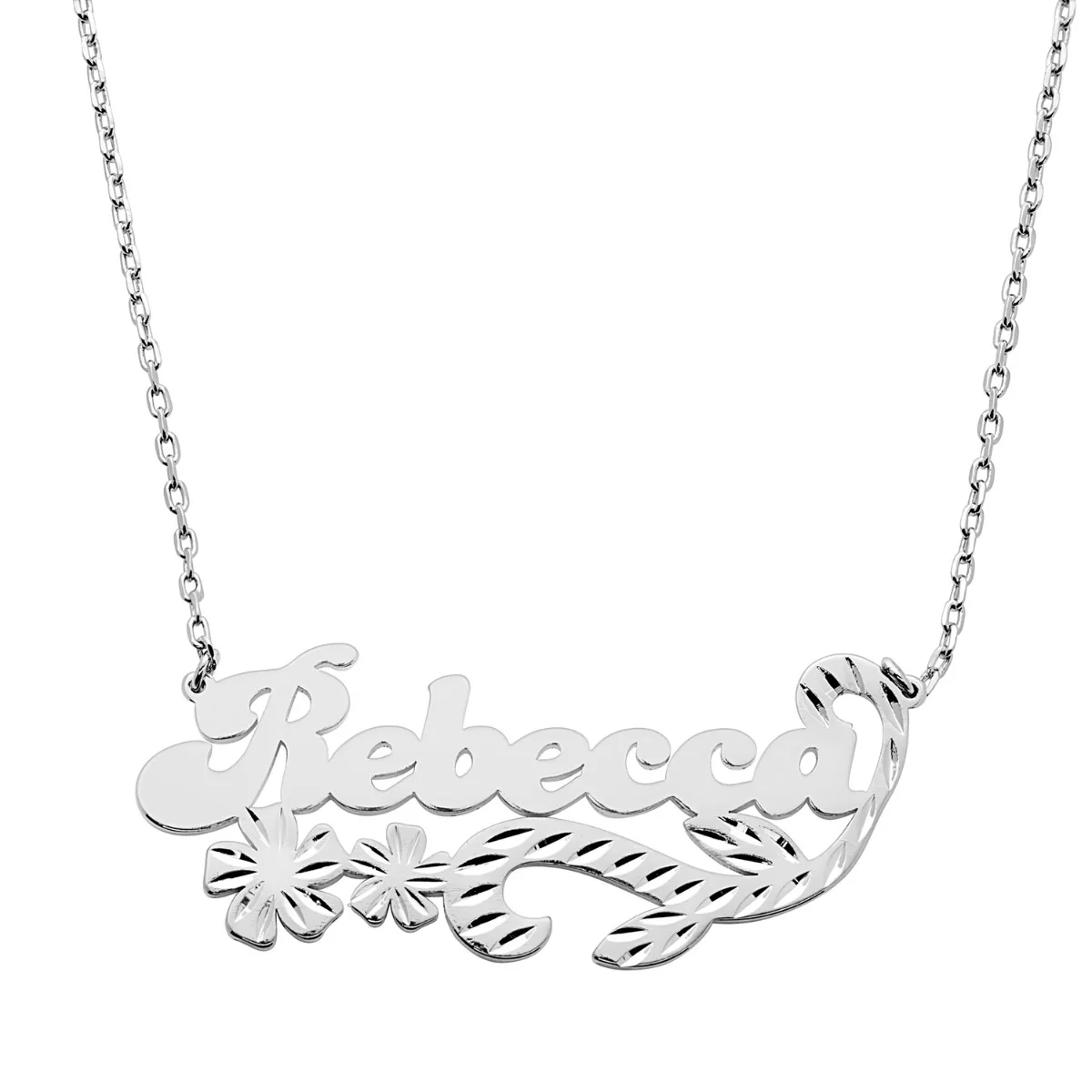 Fancy Bold Script Name Necklace with Diamond Cut Floral Swirl - Image 3