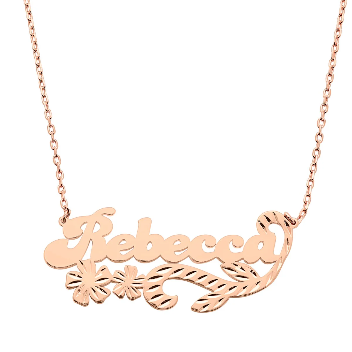 Fancy Bold Script Name Necklace with Diamond Cut Floral Swirl - Image 5