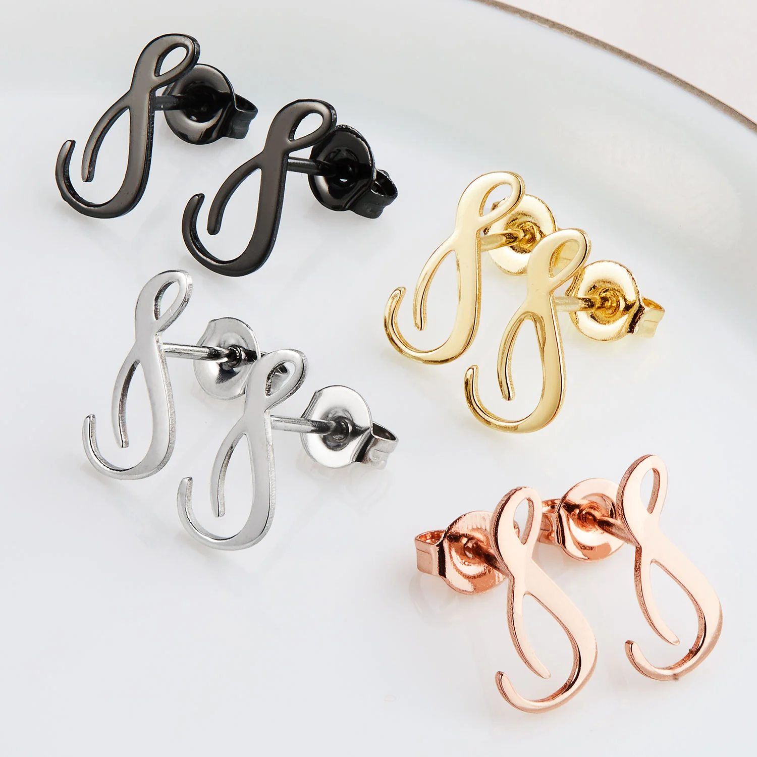 Fancy Script Initial Button Earrings