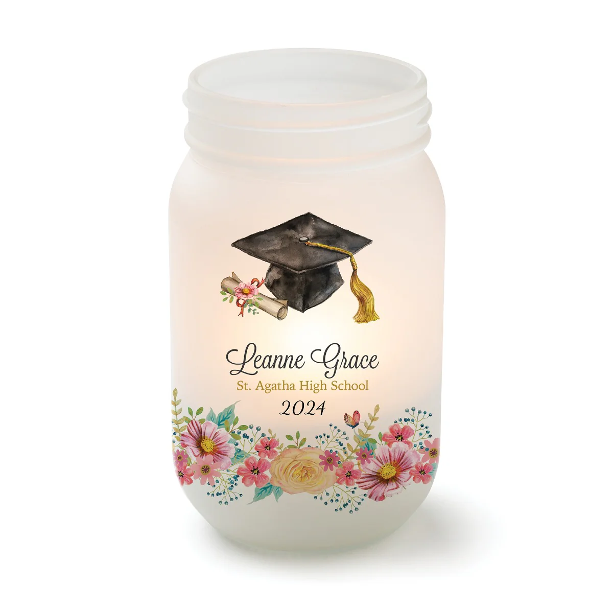 Floral Graduation Cap Personalized Frosted Mason Jar Votive Holder - Image 3
