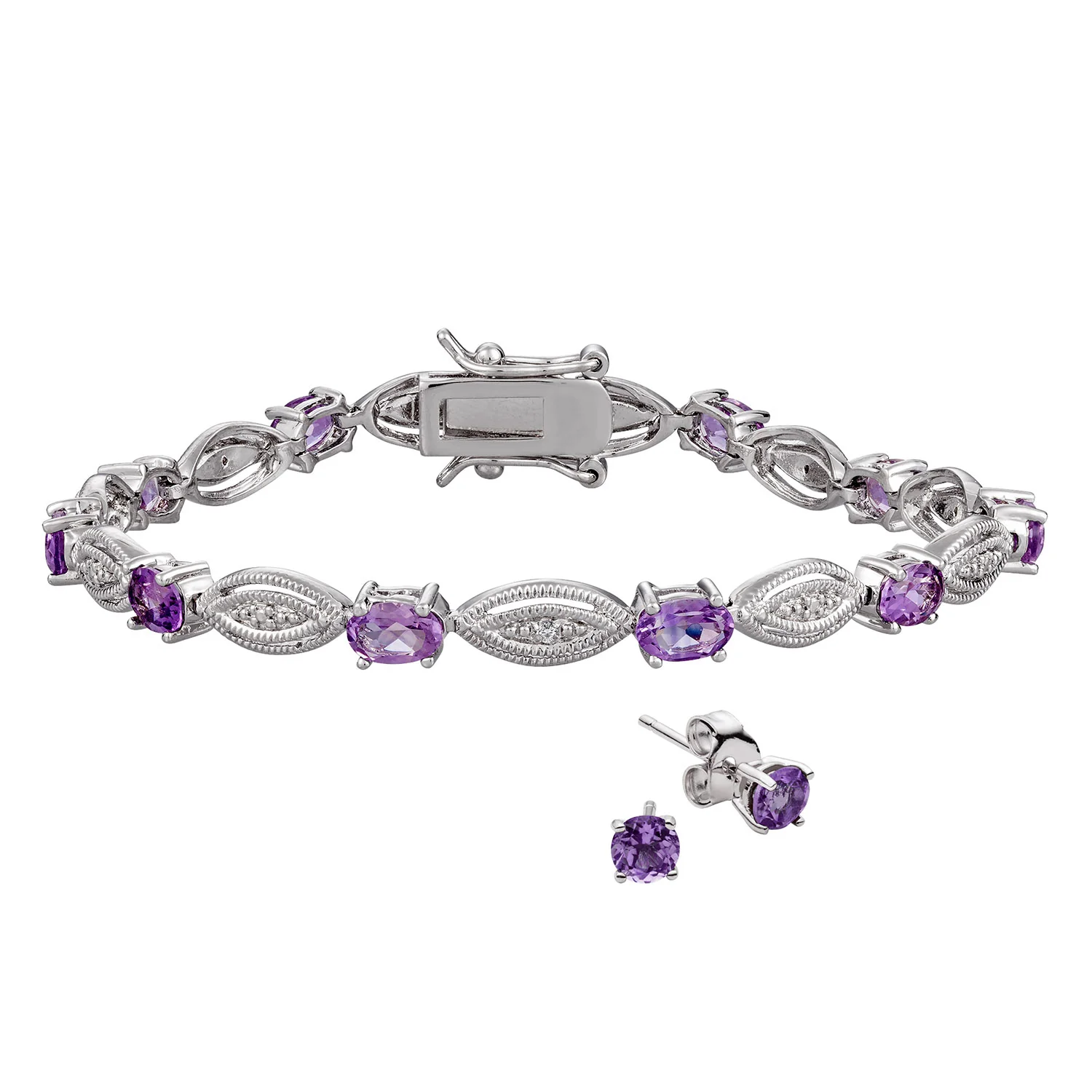 Genuine Amethyst and Diamond Accent 8in Bracelet and Earring Set