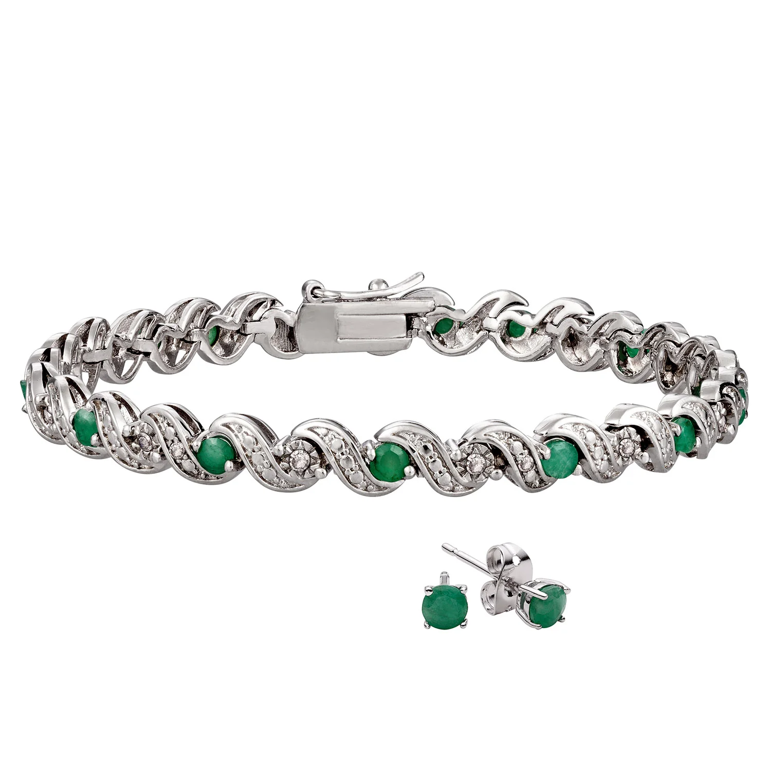 Genuine Emerald and Diamond Accent Bracelet 8 inches