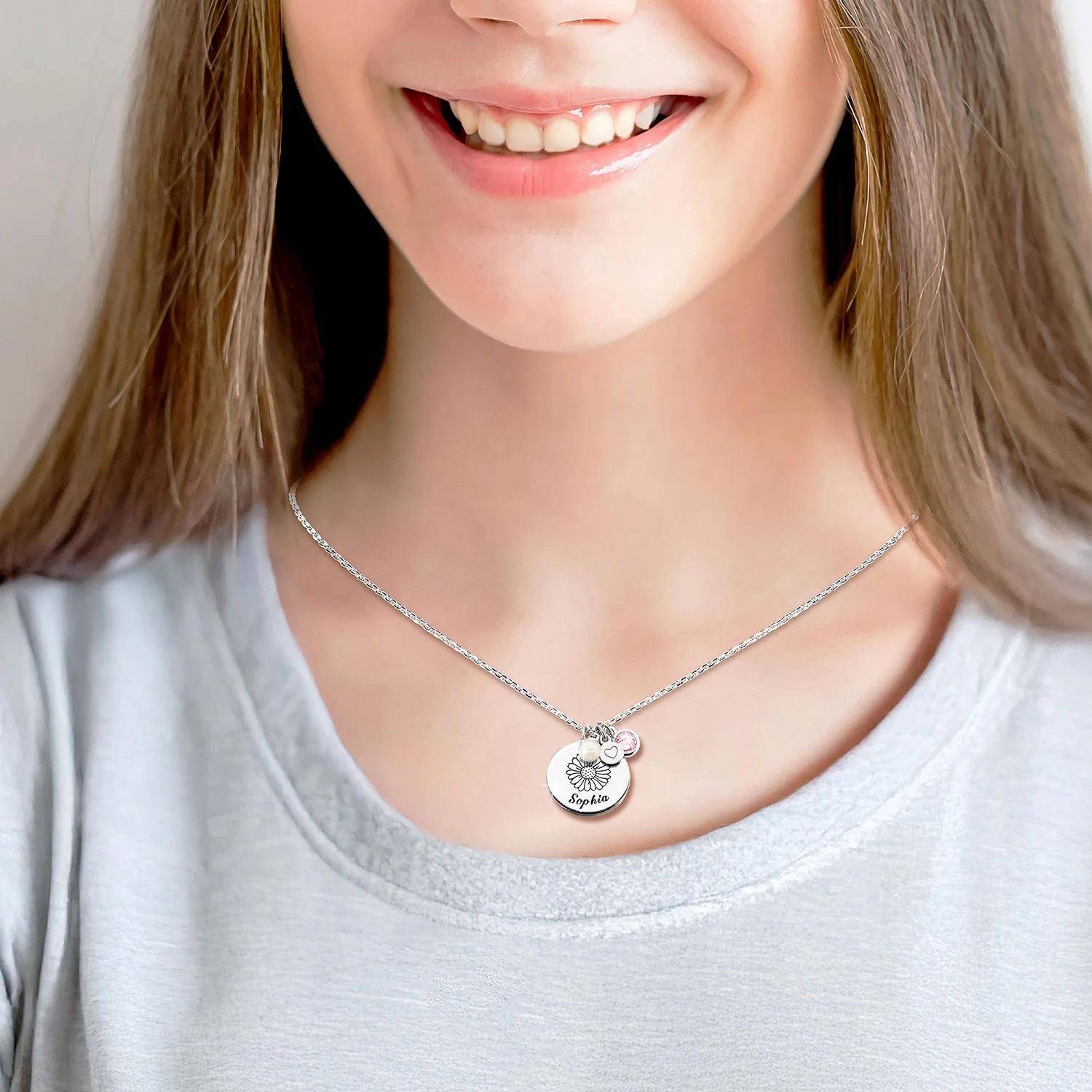 Girls' Sterling Silver Personalized Flower Birthstone Cluster Necklace - Image 3