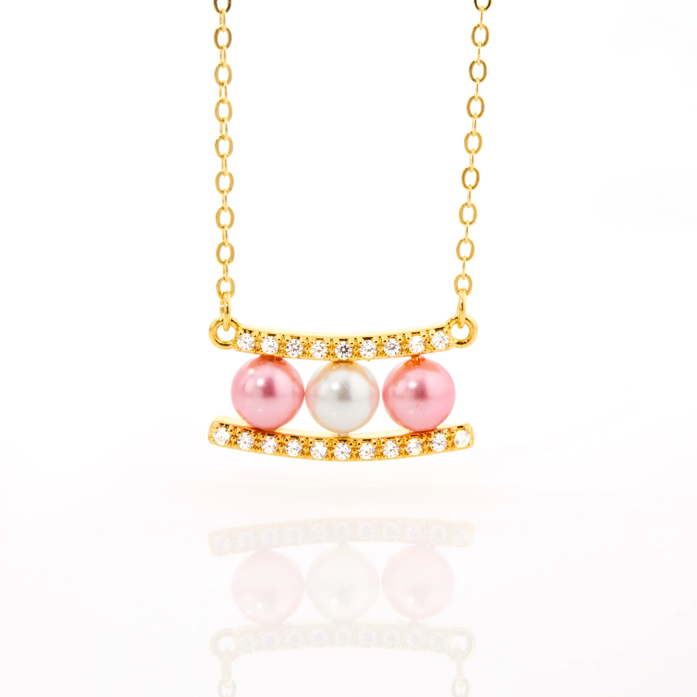 Gold Birthstone Pearl and Clear CZ Bar Necklace - Image 3