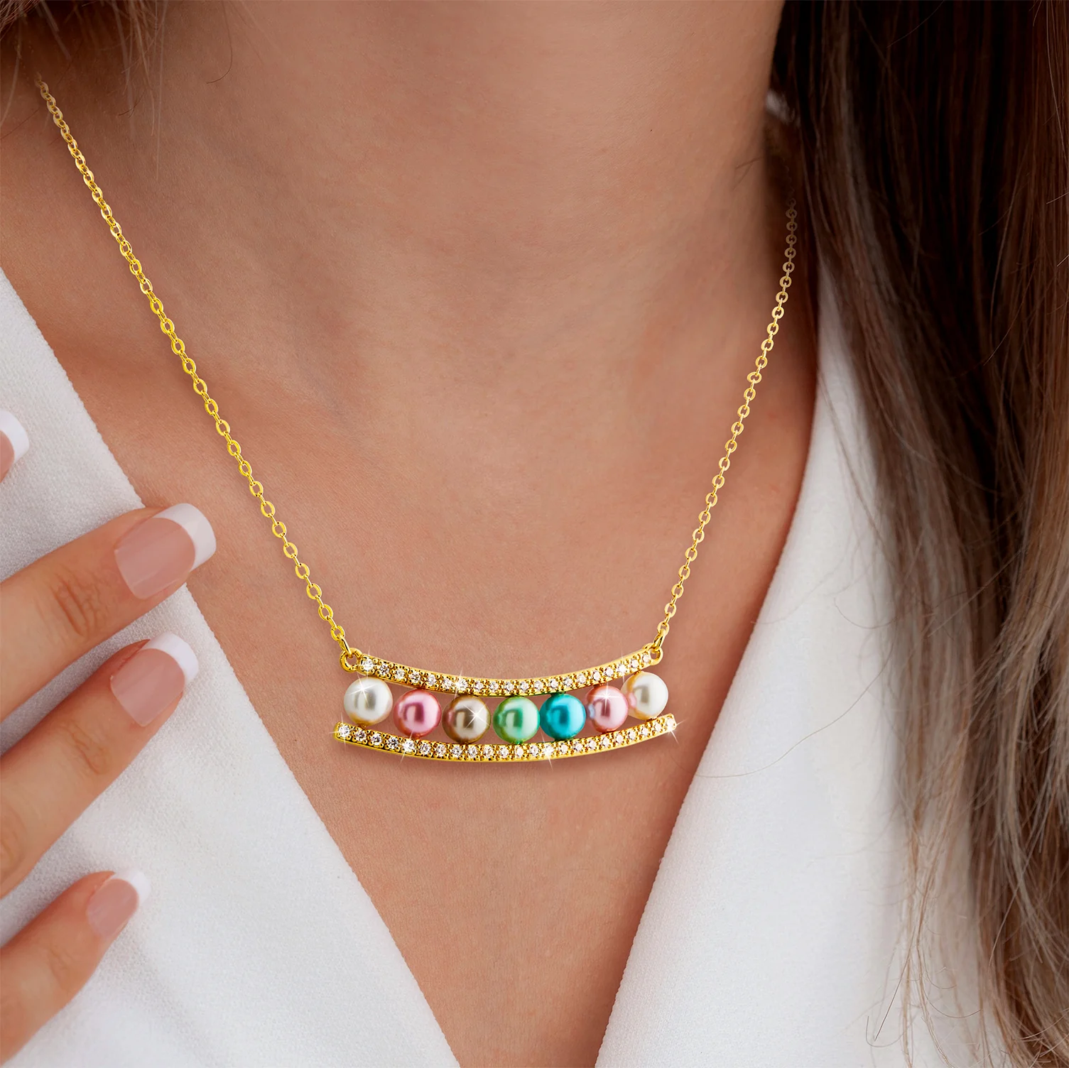 Gold Birthstone Shell Pearl Bar Necklace - Image 2