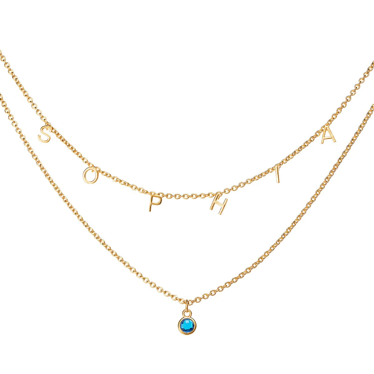 14K Gold over Sterling Birthstone and Dainty Letters Layered Name Necklaces