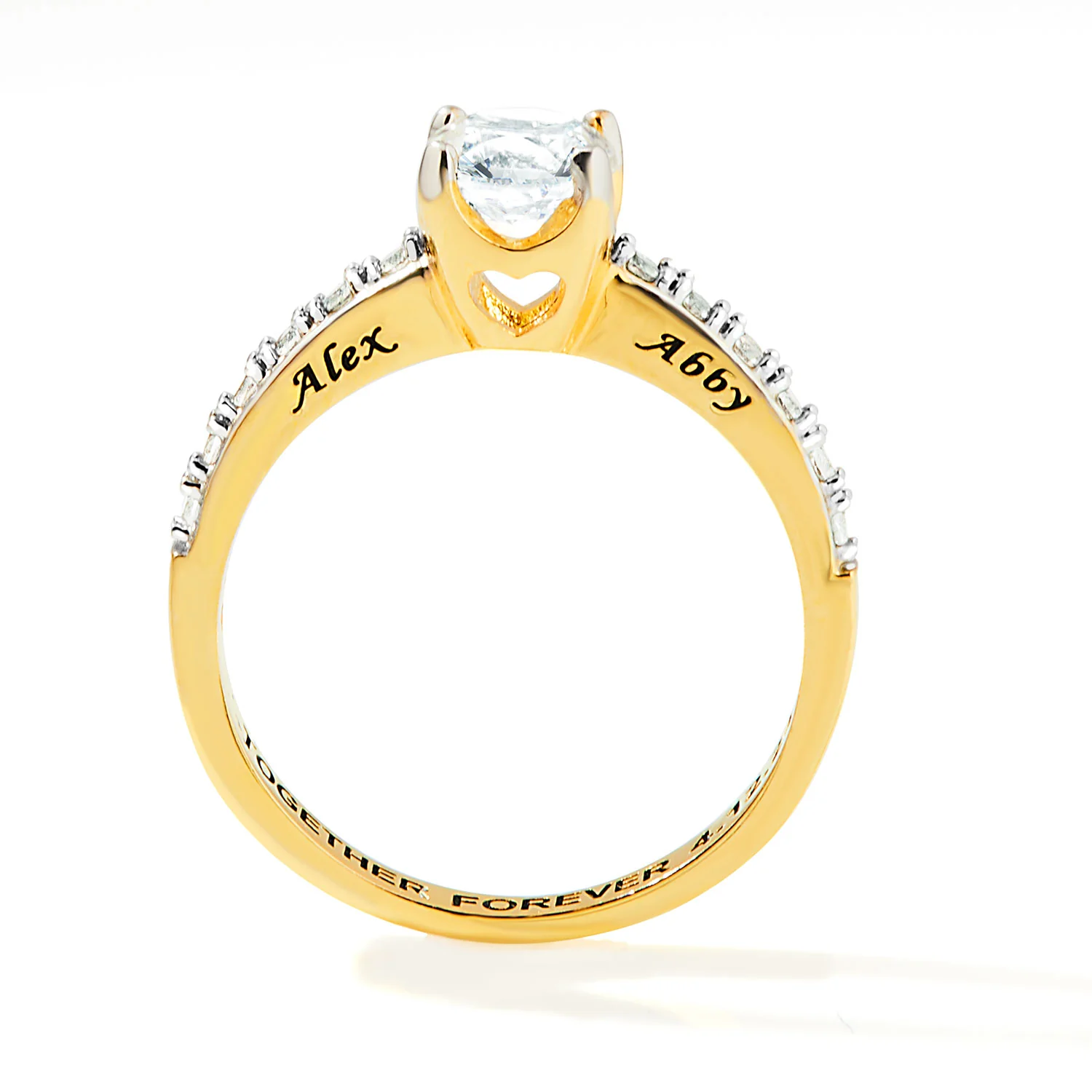 Gold over Sterling Brillant White Topaz Open Heart Engraved Wedding Ring - Image 5