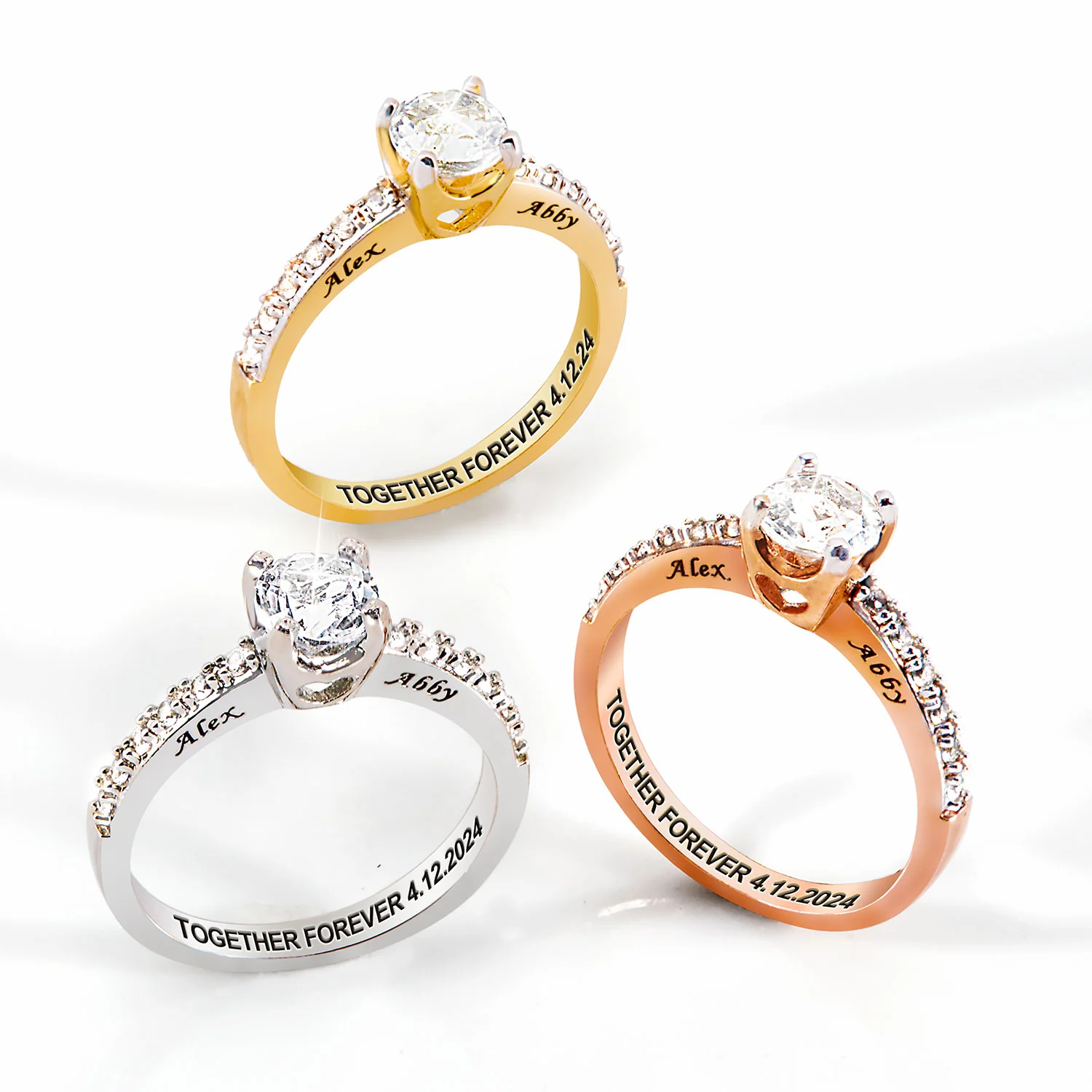 Gold over Sterling Brillant White Topaz Open Heart Engraved Wedding Ring - Image 6