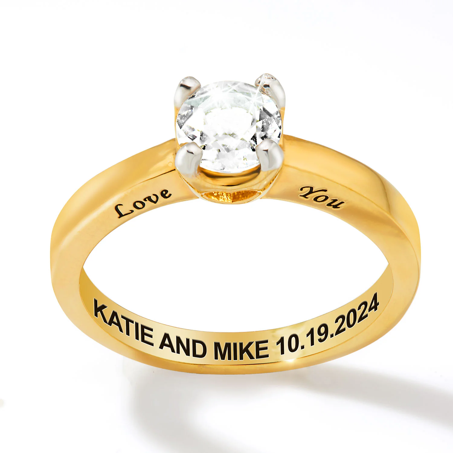 Gold over Sterling Brillant White Topaz Solitaire Open Heart Engraved Wedding Ring - Image 3