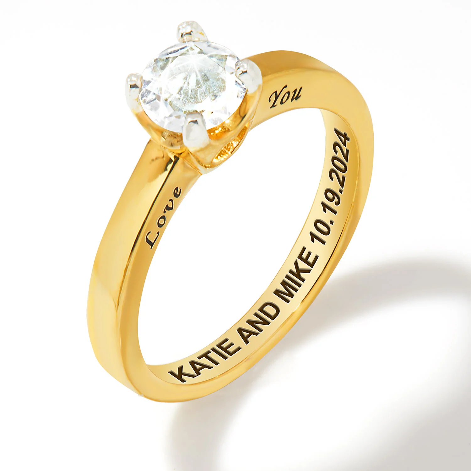 Gold over Sterling Brillant White Topaz Solitaire Open Heart Engraved Wedding Ring - Image 4