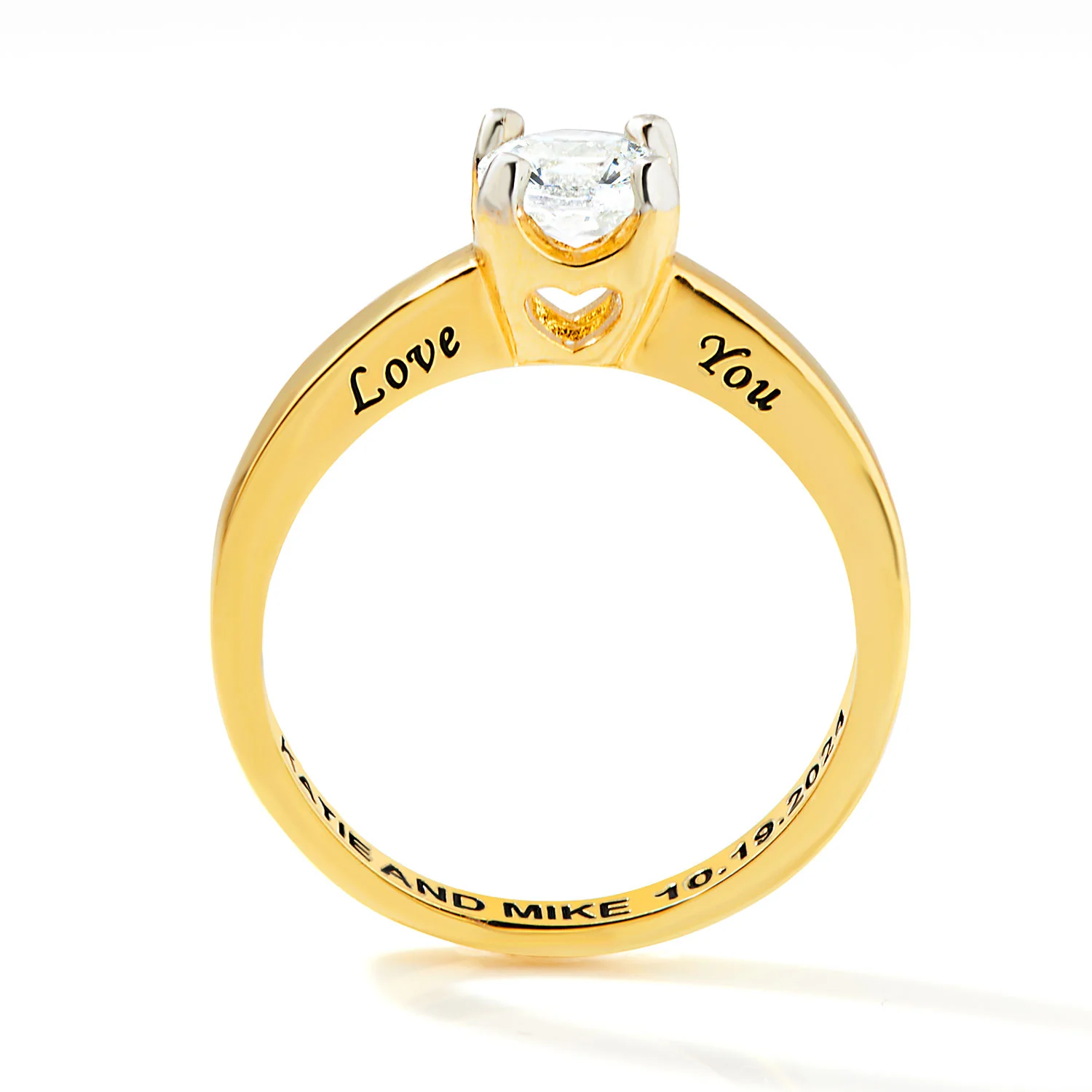Gold over Sterling Brillant White Topaz Solitaire Open Heart Engraved Wedding Ring - Image 5