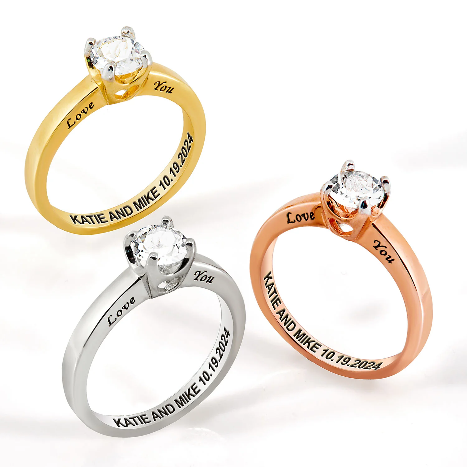 Gold over Sterling Brillant White Topaz Solitaire Open Heart Engraved Wedding Ring - Image 6