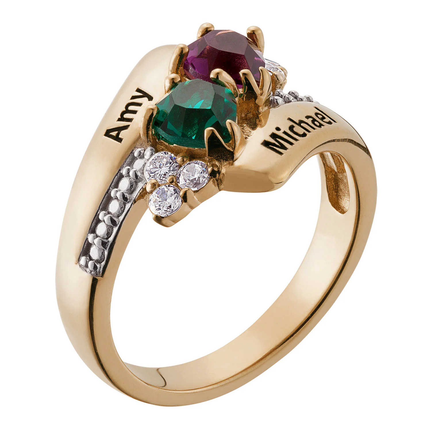 14K Gold over Sterling Couples Crystal Heart Name and Birthstone Ring - Image 2