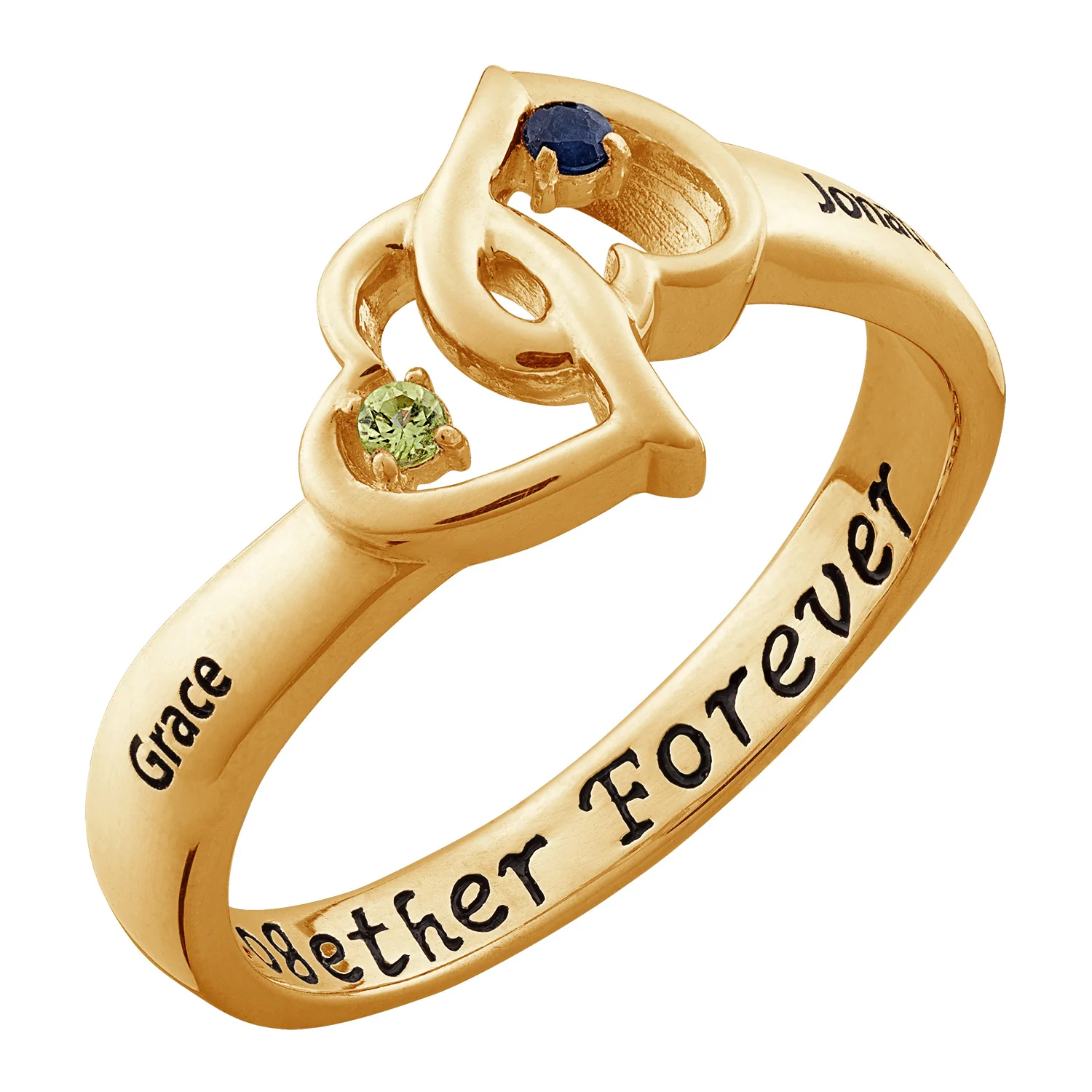 14K Gold over Sterling Couples Entwined Hearts Name and Birthstone Ring - Image 2