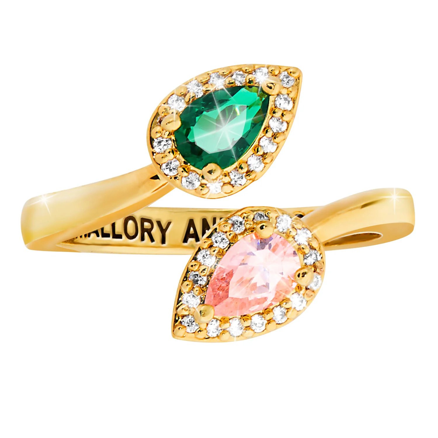 Gold over Sterling Couple's Pear Birthstone CZ Halo Bypass Ring - Image 3