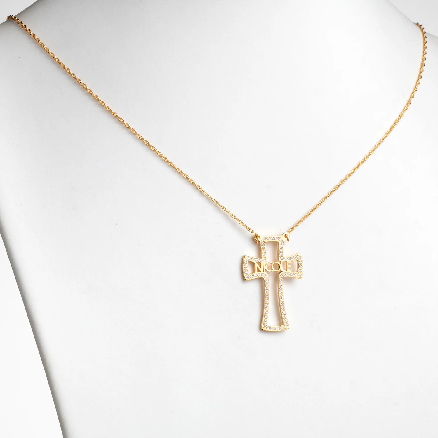 14K Gold over Sterling CZ Cross with Name Necklace - Image 2