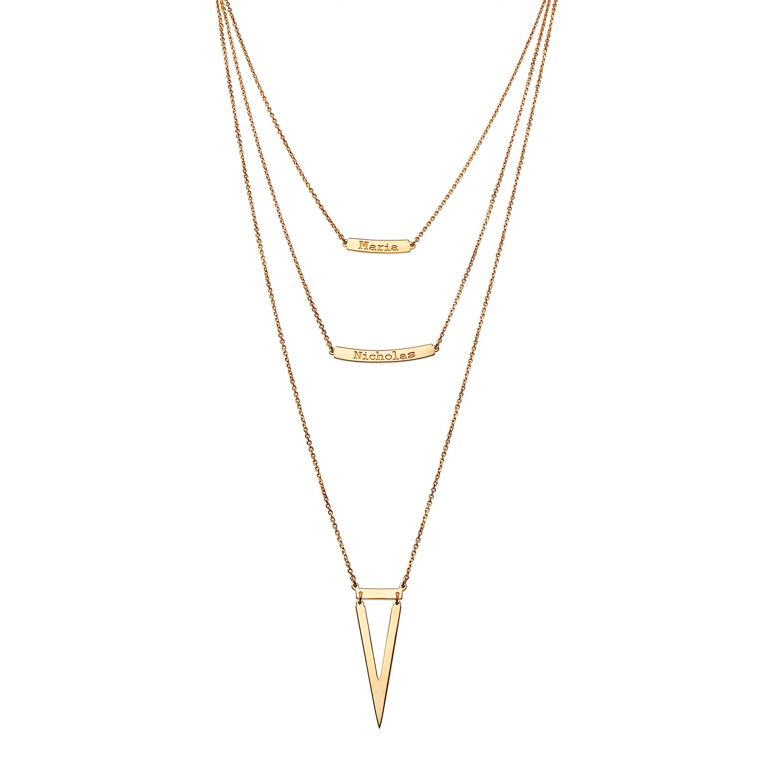14K Gold over Sterling Double Name Layered Necklace w/ Triangle