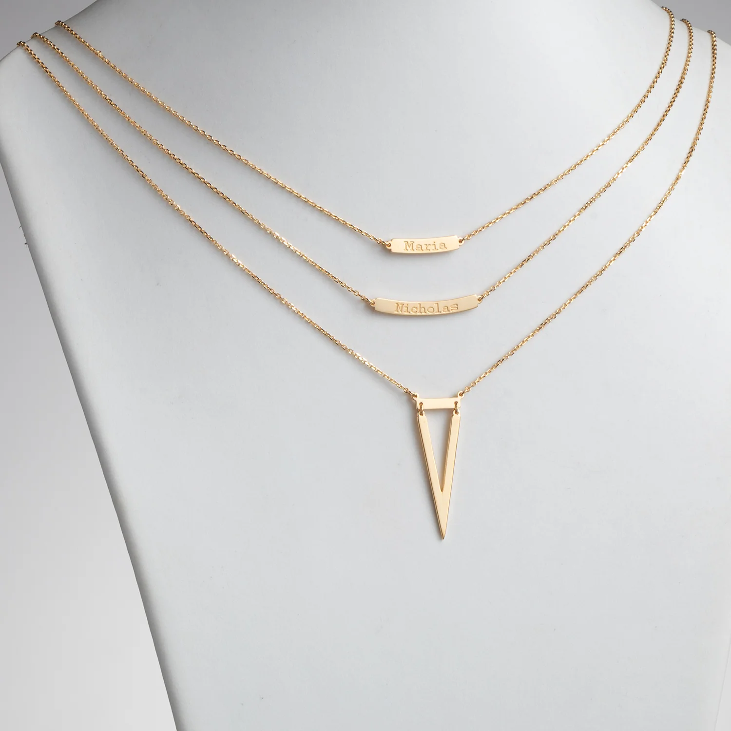 14K Gold over Sterling Double Name Layered Necklace w/ Triangle - Image 2