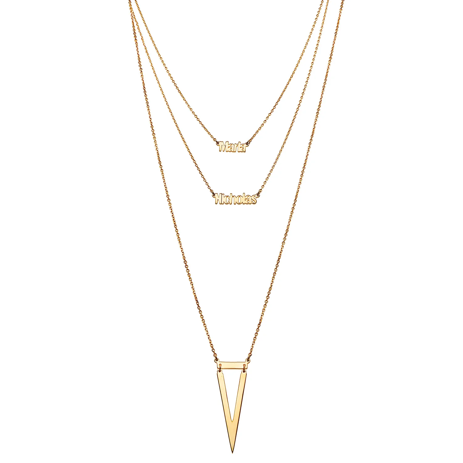 14K Gold over Sterling Double Name Layered Necklace w/ Triangle