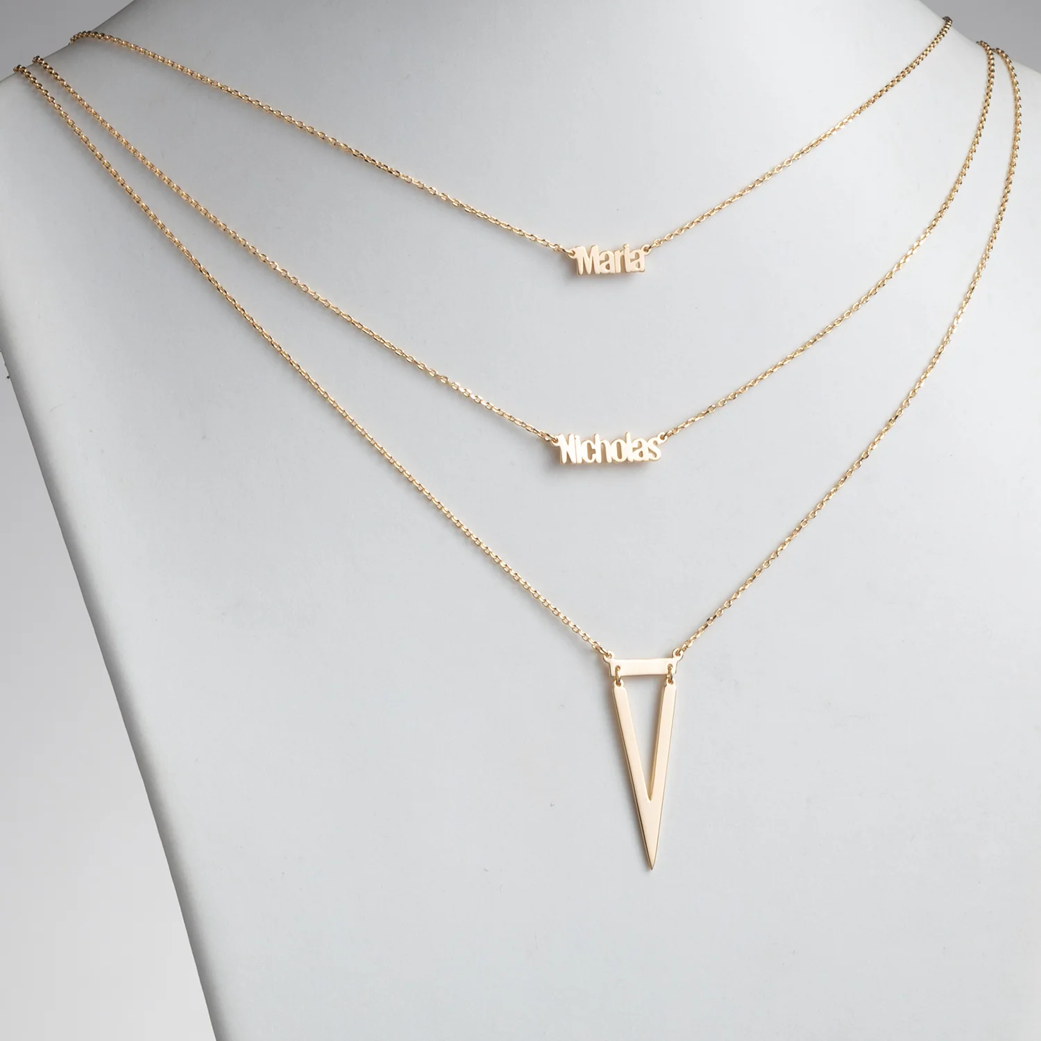 14K Gold over Sterling Double Name Layered Necklace w/ Triangle - Image 2