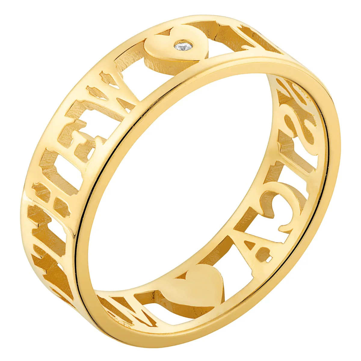 14K Gold over Sterling Double Name with Hearts and CZ Band Ring - Image 2