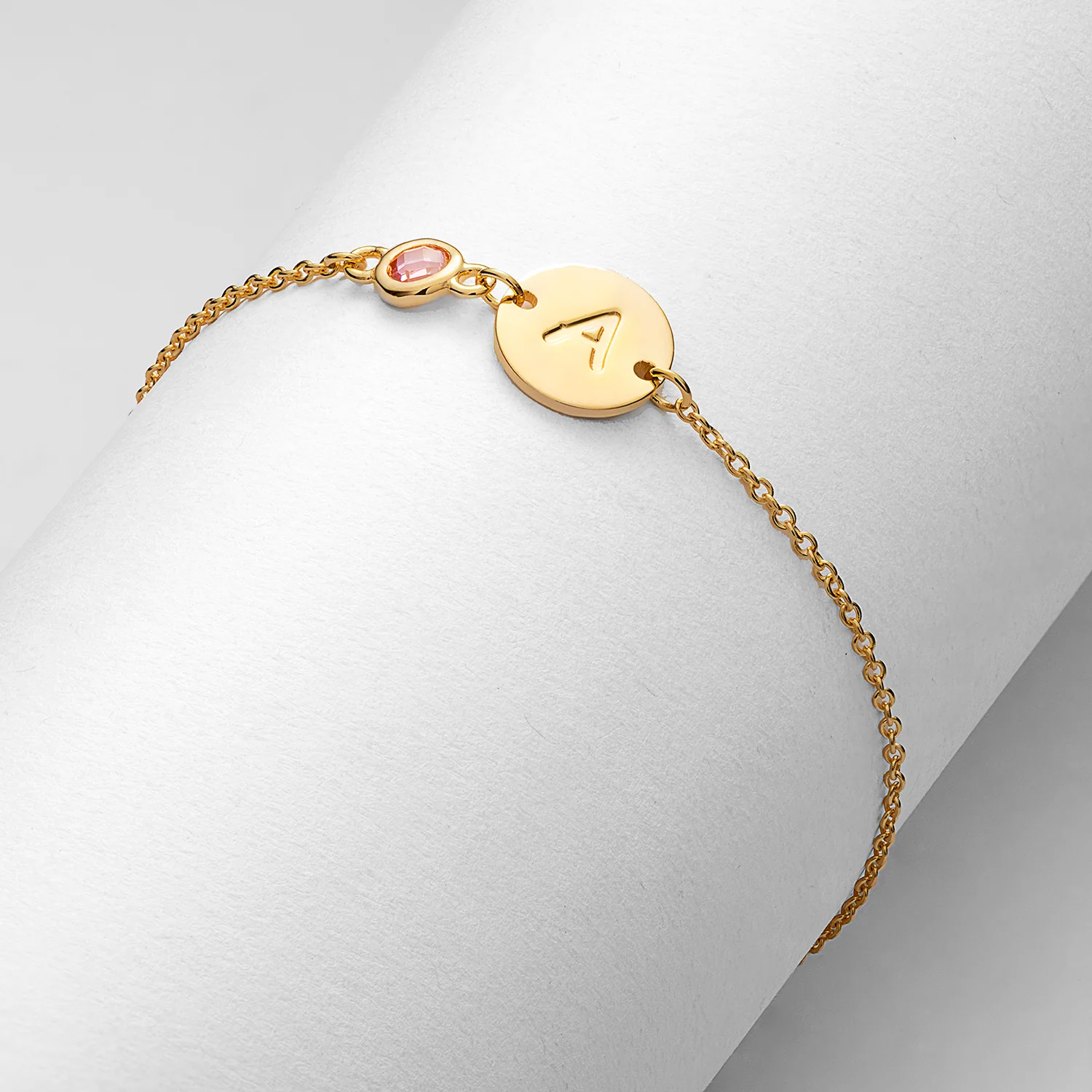 14K Gold over Sterling Engraved Disc and Birthstone Station Bracelet - Image 2