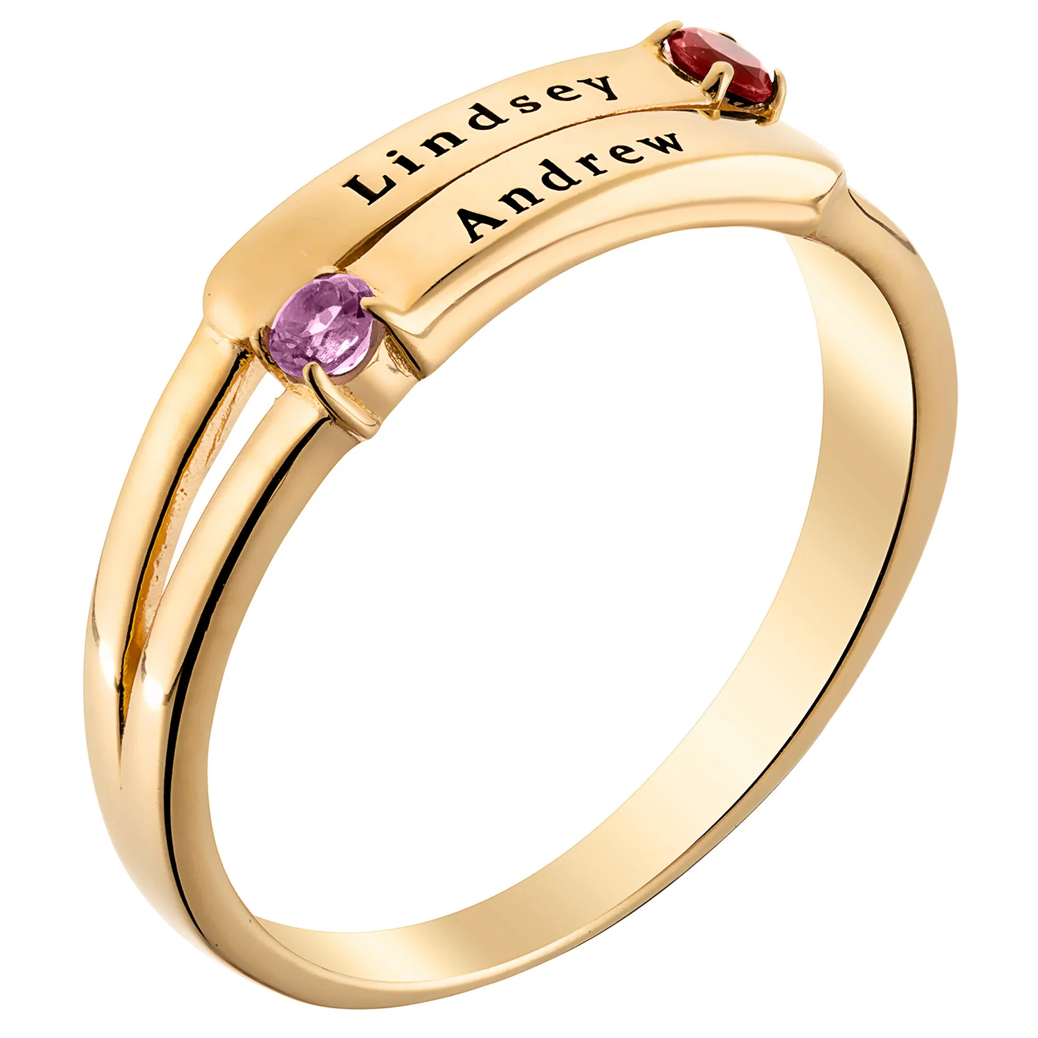 14K Gold over Sterling Engraved Double Name and Birthstone Ring - Image 2