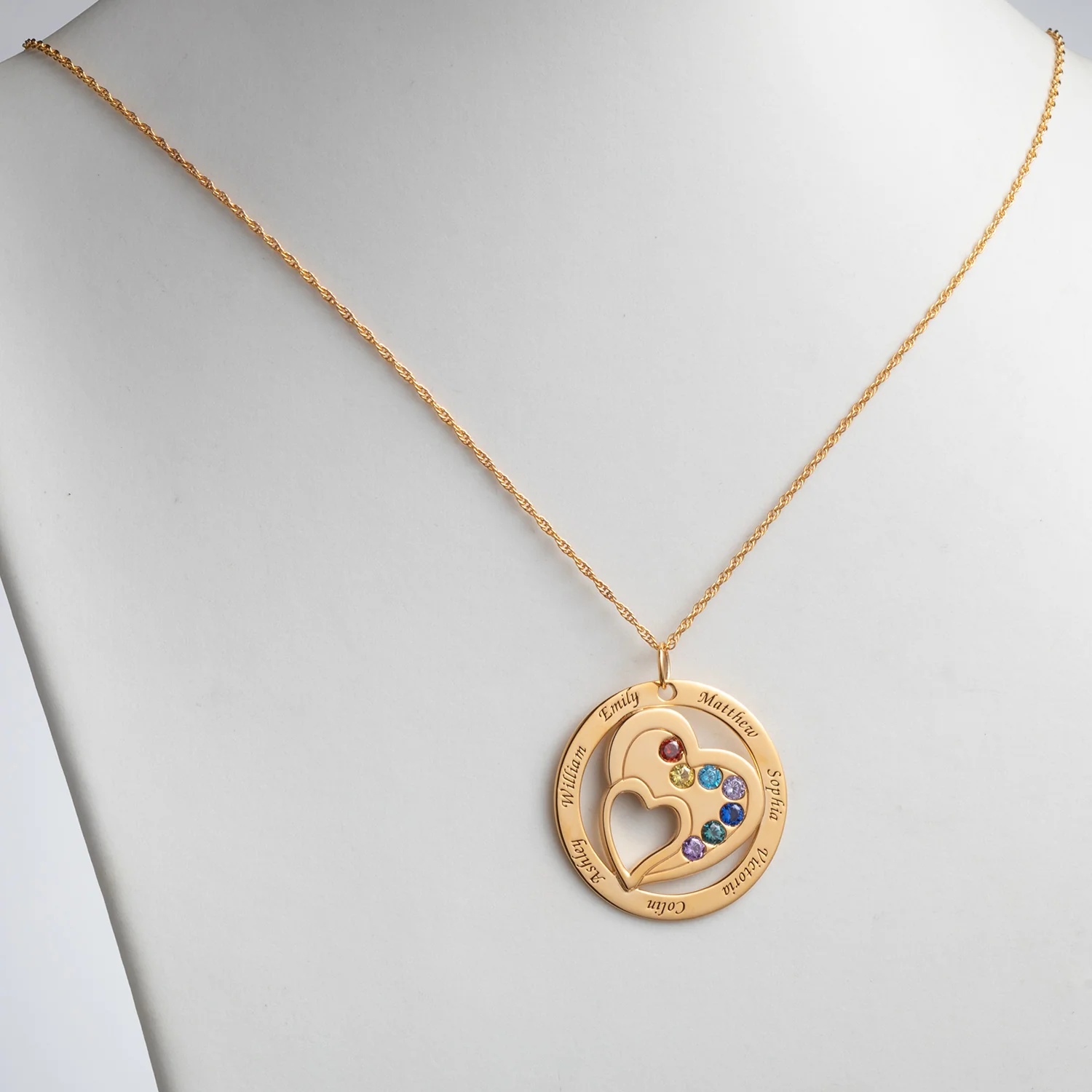 14K Gold over Sterling Engraved Family Name and Birthstone Necklace - Image 2