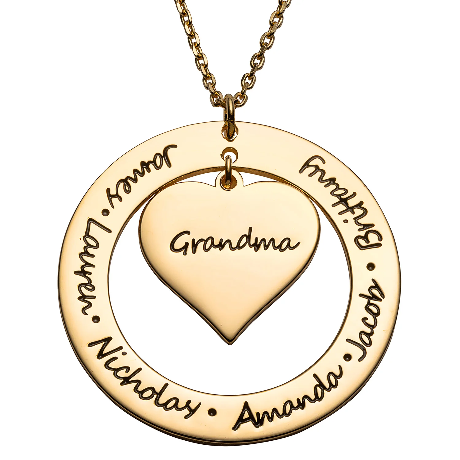 14K Gold over Sterling Engraved Family Name Heart and Circle Necklace