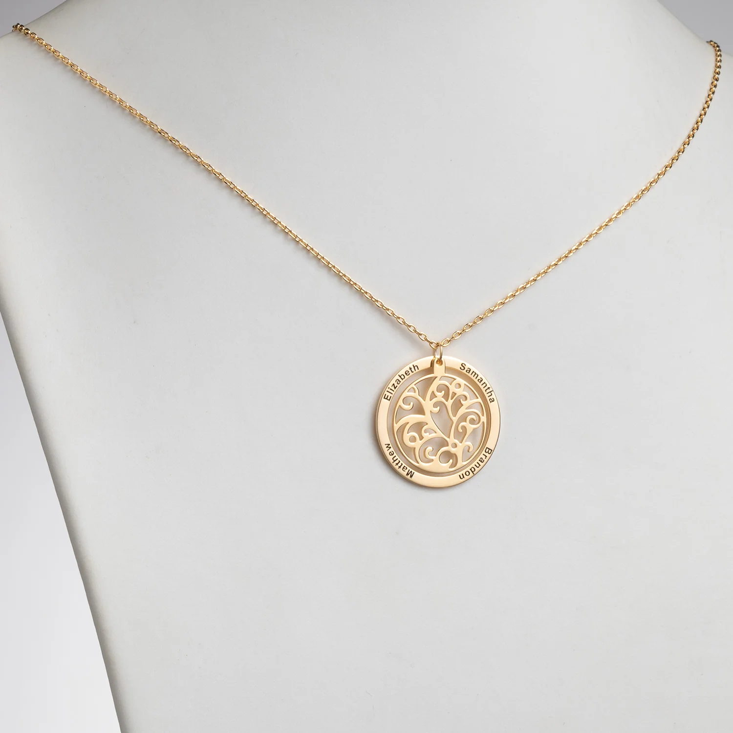 14K Gold over Sterling Engraved Family Name with Filigree Disc Necklace - Image 2
