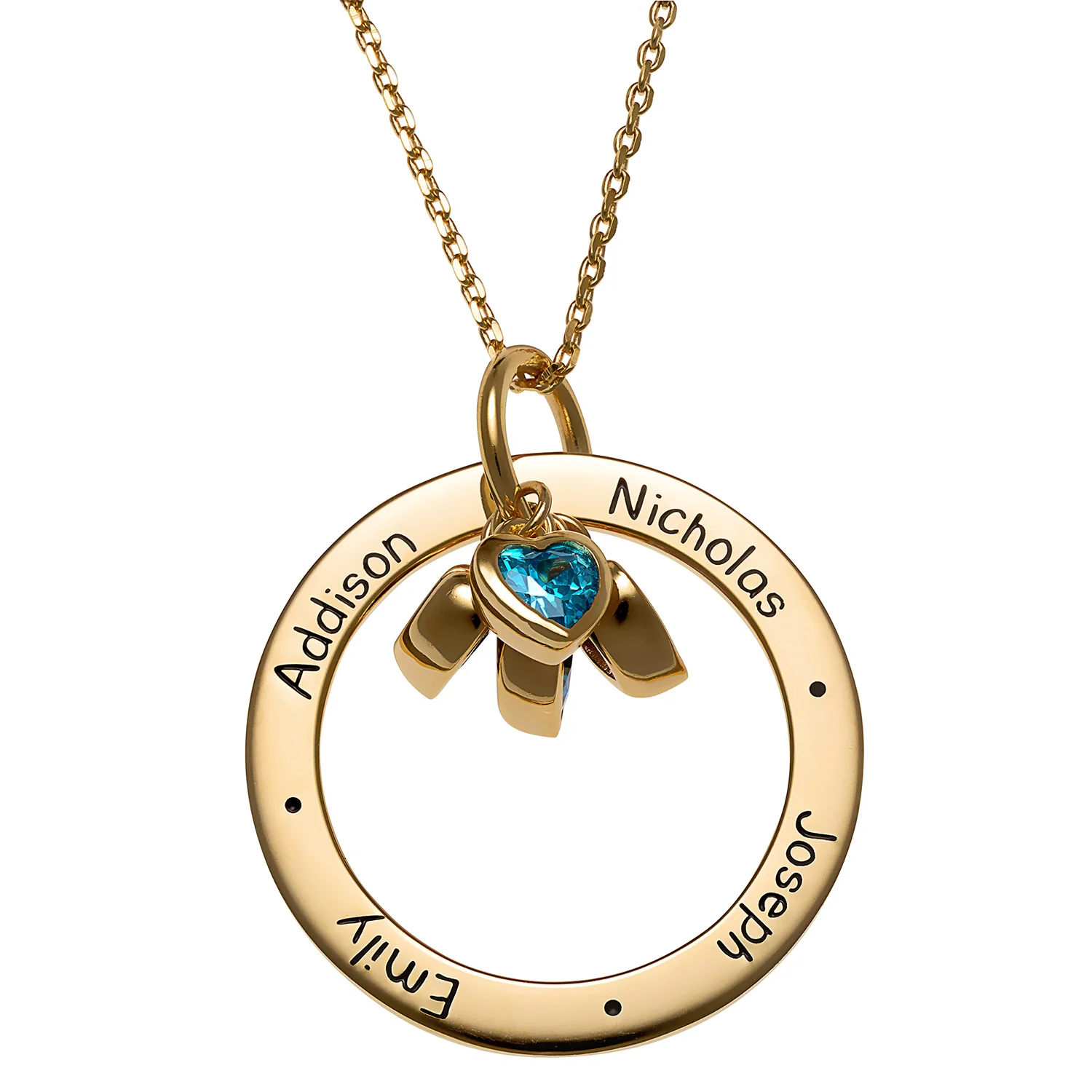 14K Gold over Sterling Engraved Family Names Circle with Heart Birthstones Necklace