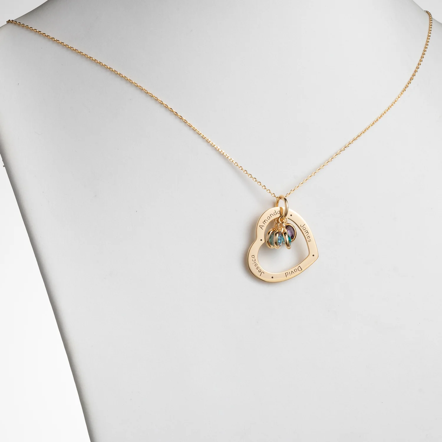 14K Gold over Sterling Engraved Family Names Heart with Birthstones Necklace - Image 2