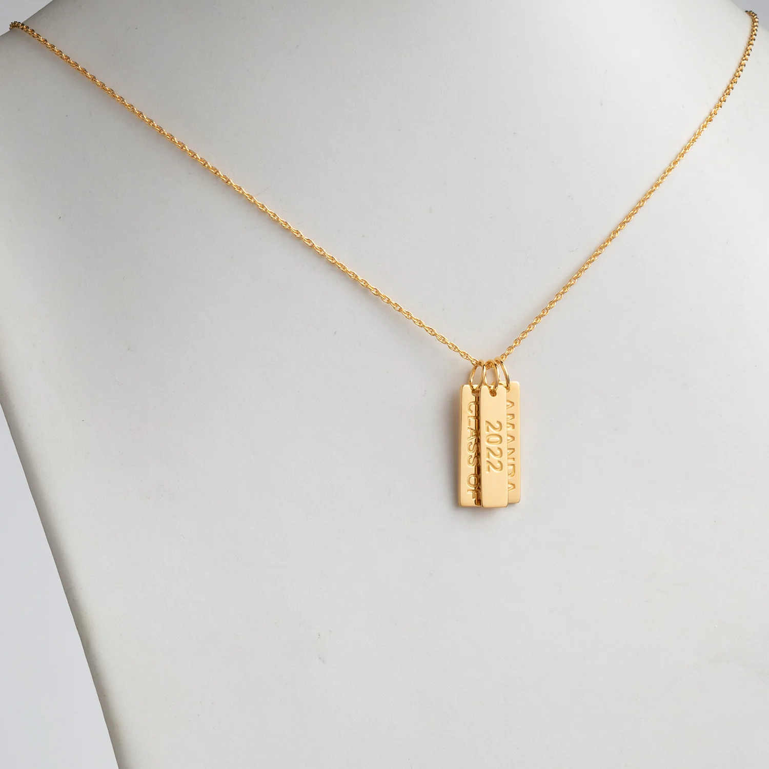 14K Gold over Sterling Engraved Graduation 3 Tag Necklace - Image 2