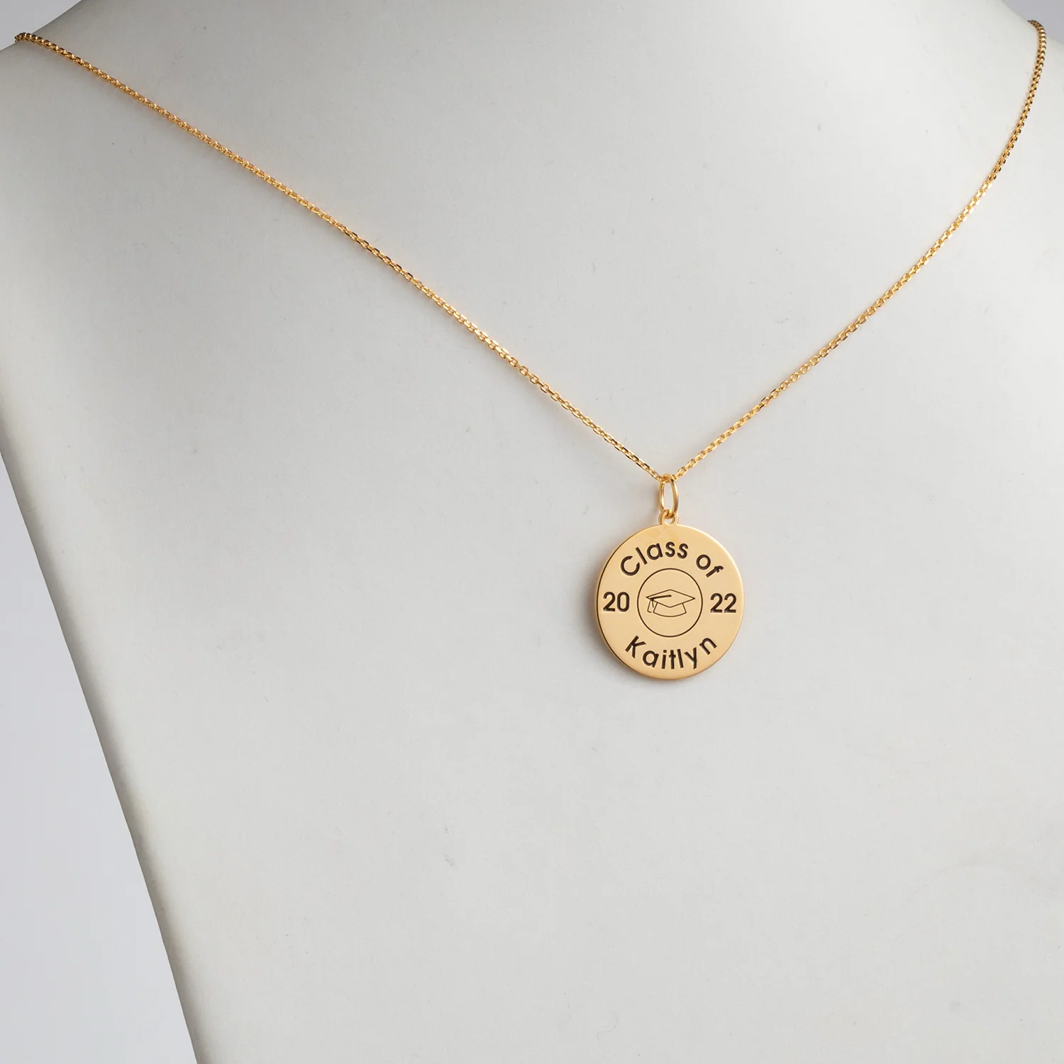 14K Gold over Sterling Engraved Graduation Disc Necklace with Grad Cap - Image 2