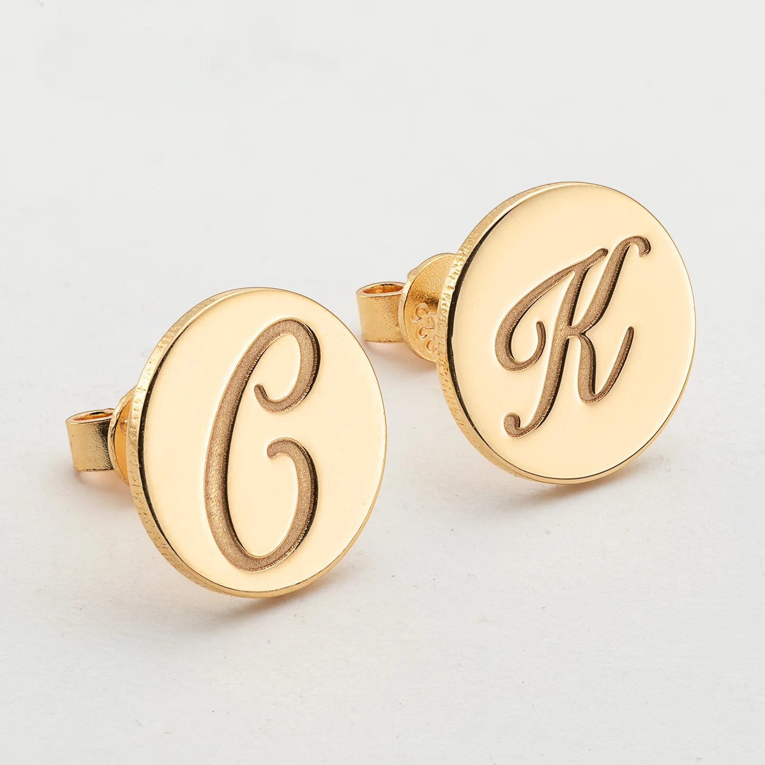 14K Gold over Sterling Engraved Initial Disc Earrings - Image 3
