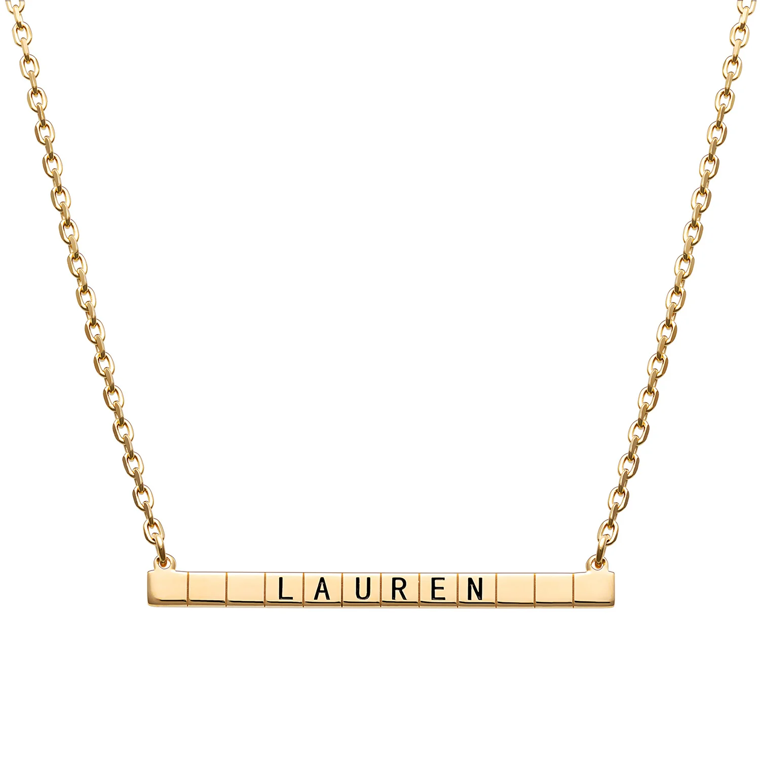 14K Gold over Sterling Engraved Name Bar Necklace