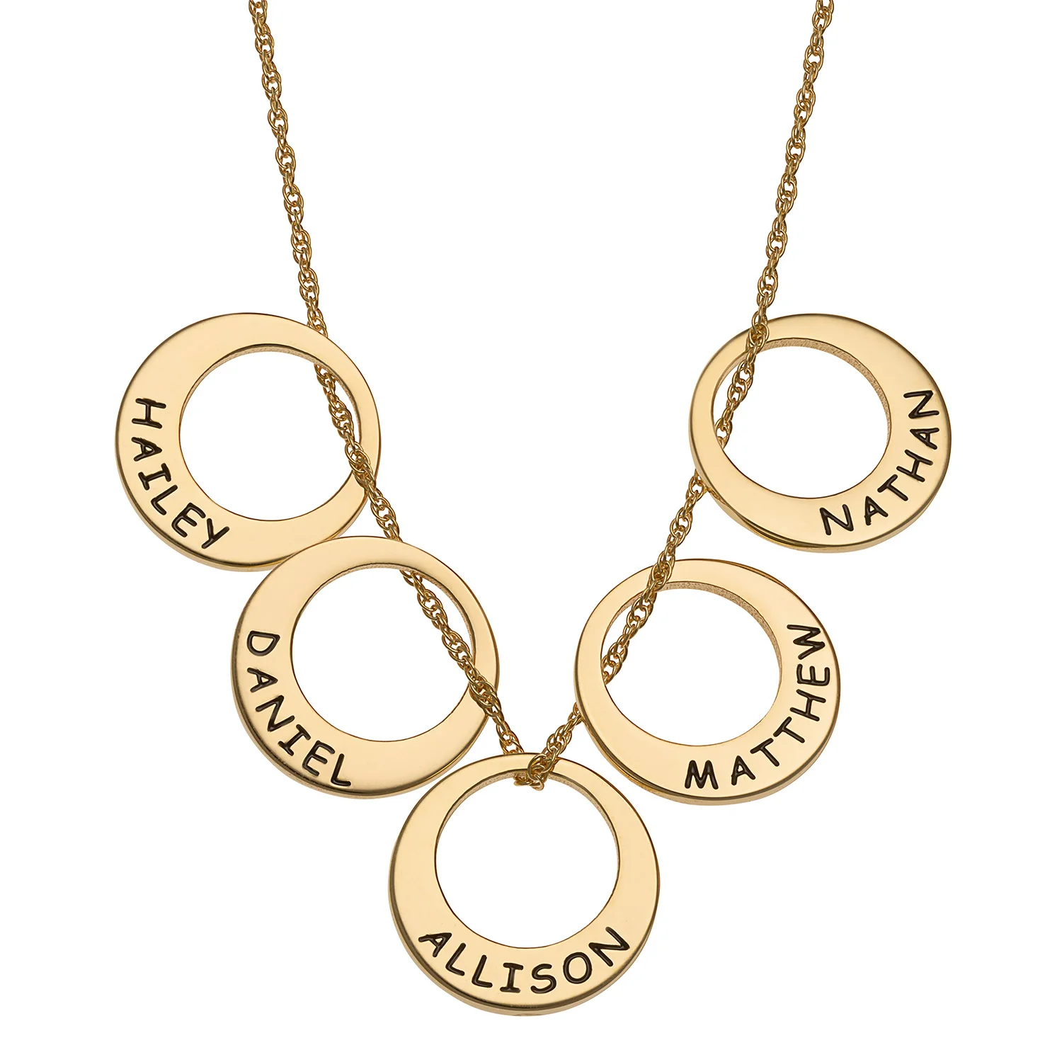 14K Gold over Sterling Engraved Name Open Disc Necklace - 5 Discs