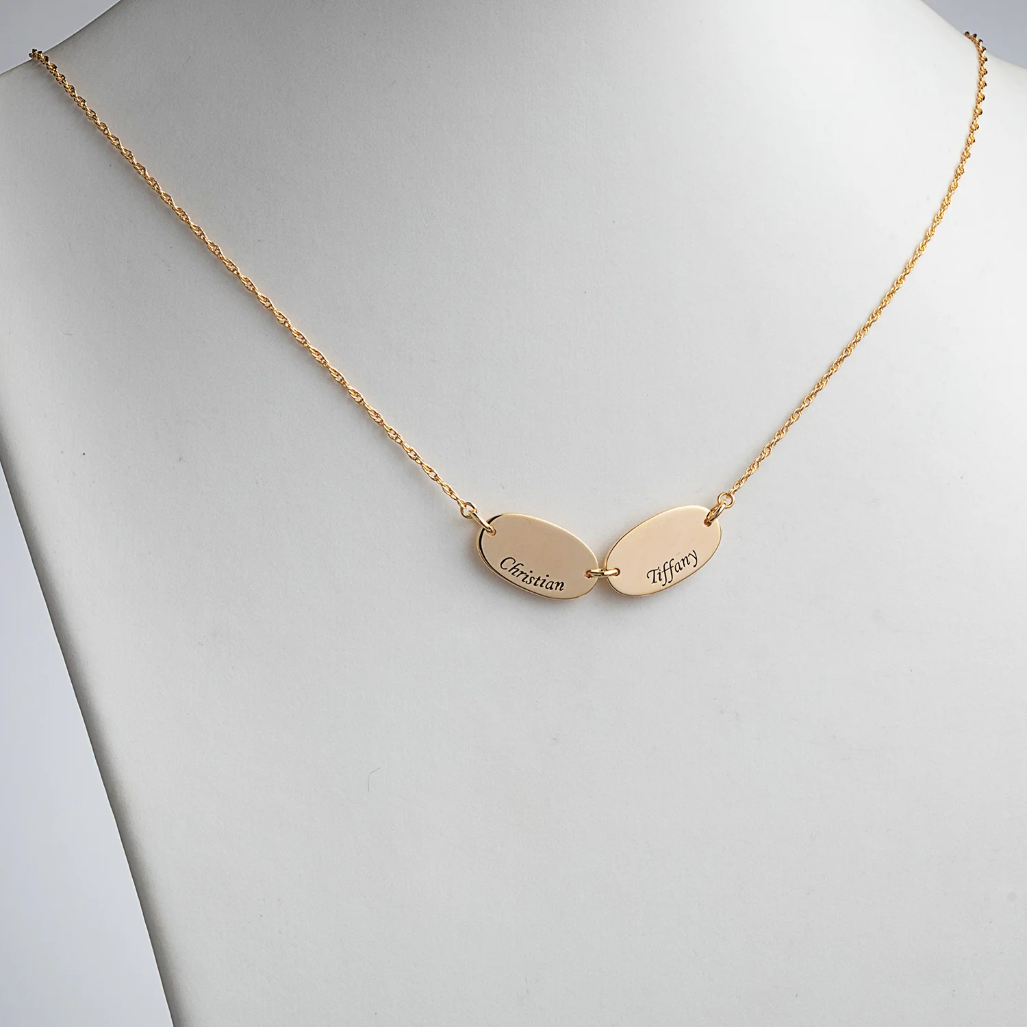 14K Gold over Sterling Engraved Name Oval Station Necklace - 2 Names - Image 2