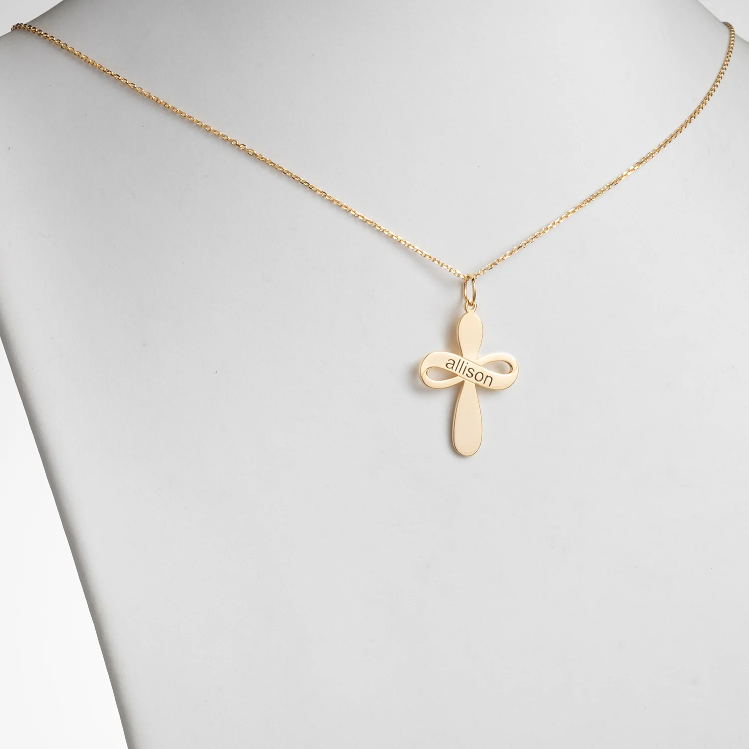 14K Gold over Sterling Engraved Name Ribbon Cross Necklace - Image 2