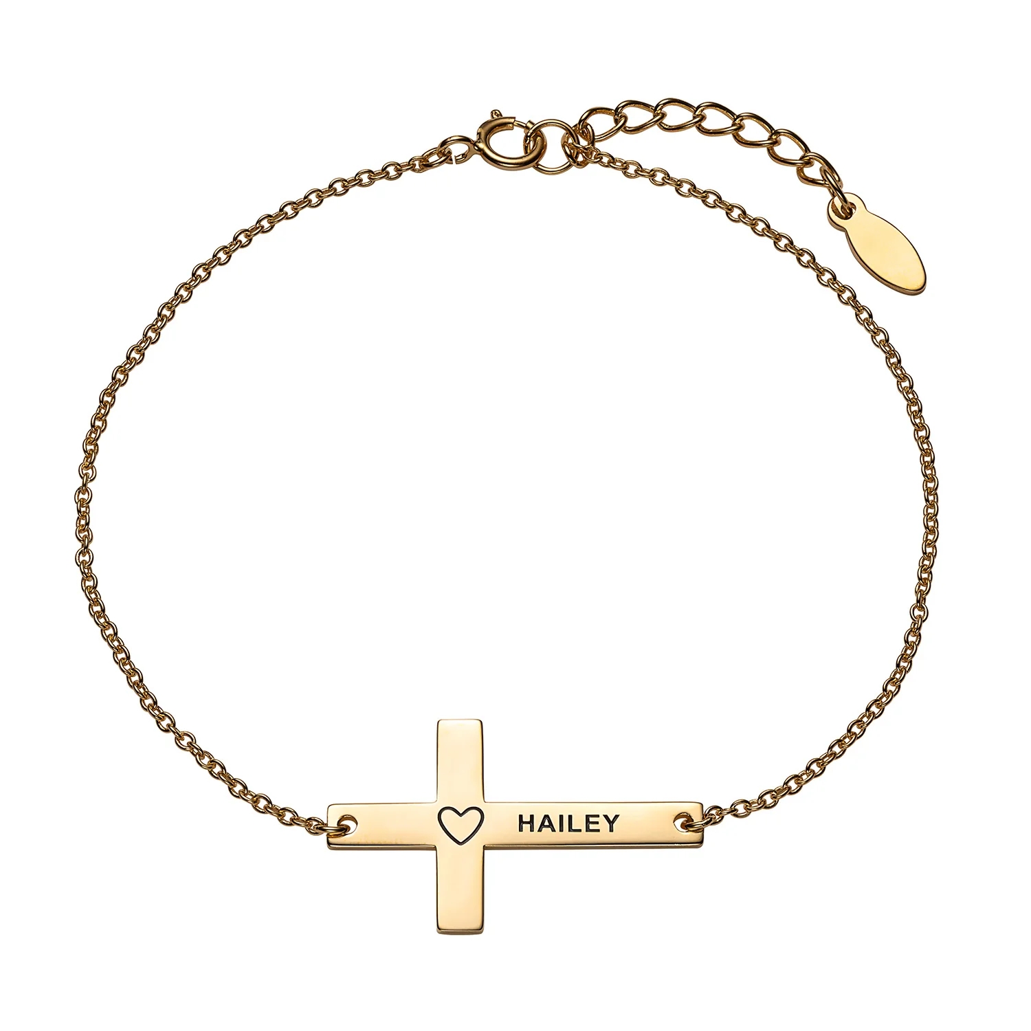 14K Gold over Sterling Engraved Name with Heart Cross Bracelet