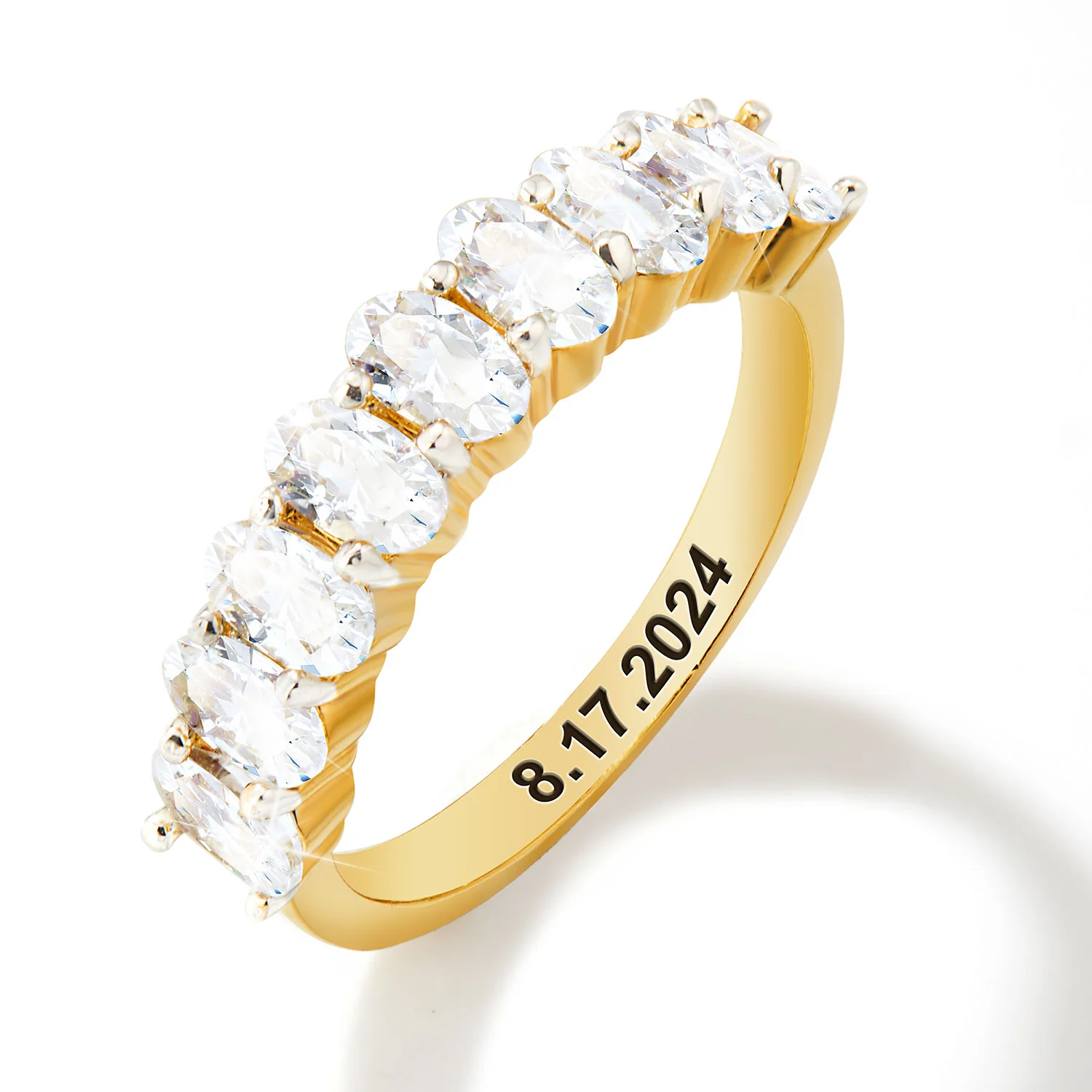 Gold over Sterling Engraved Oval Half Eternity White Topaz Ring - Image 4