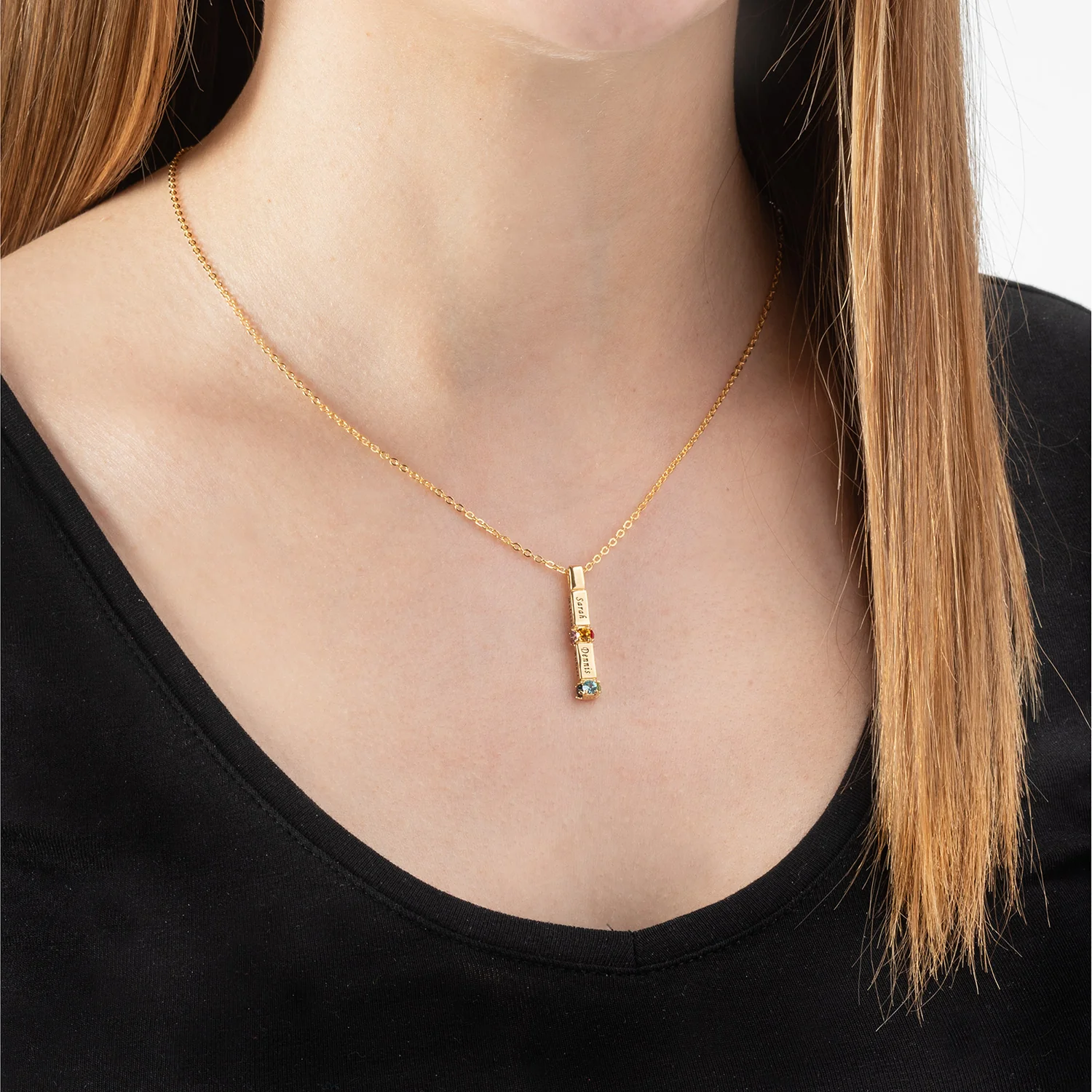 14K Gold over Sterling Family Name and Birthstone Bar Pendant - Image 3