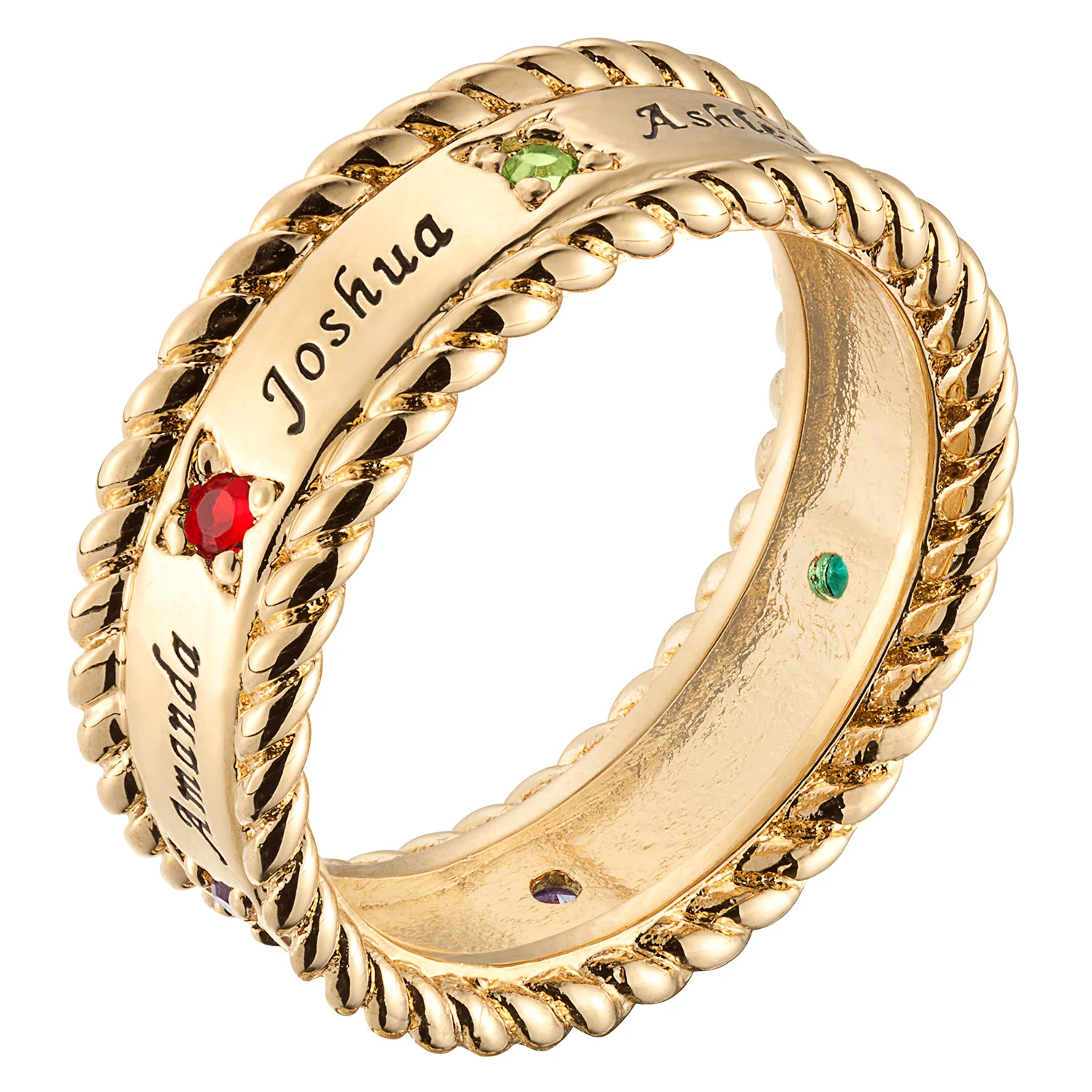 14K Gold over Sterling Family Name and Birthstone Rope Edged Band - Image 2