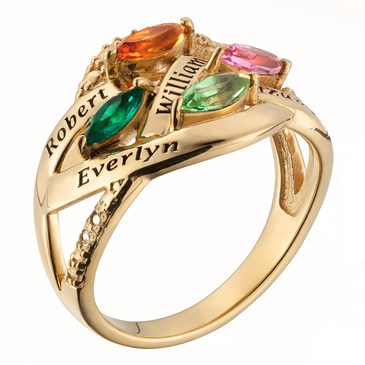 14K Gold over Sterling Family Name and Marquise Birthstone Ring with Diamond Accent - Image 2