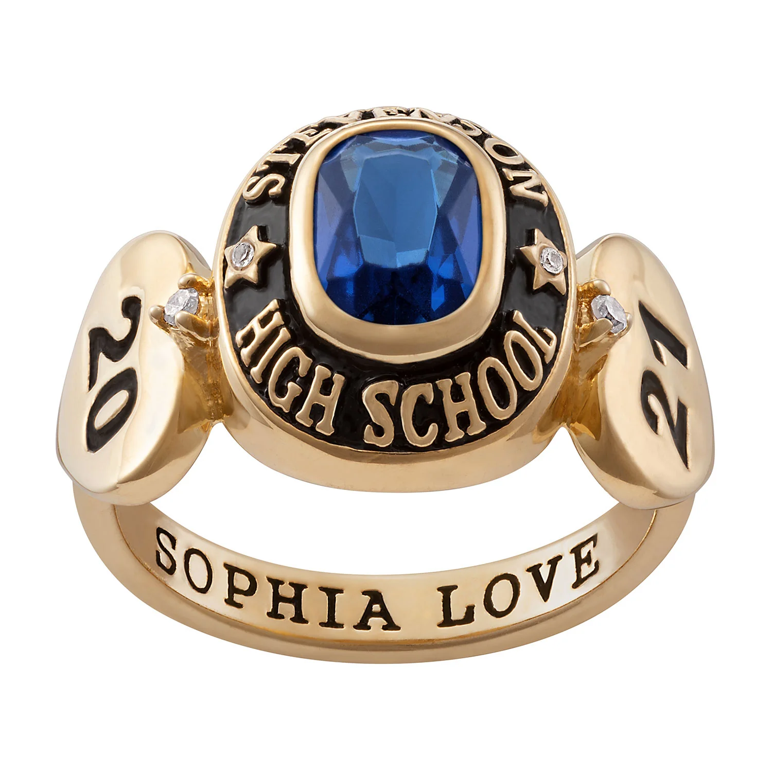 14K Gold over Sterling Genuine Diamond Hearts Ladies Class Ring