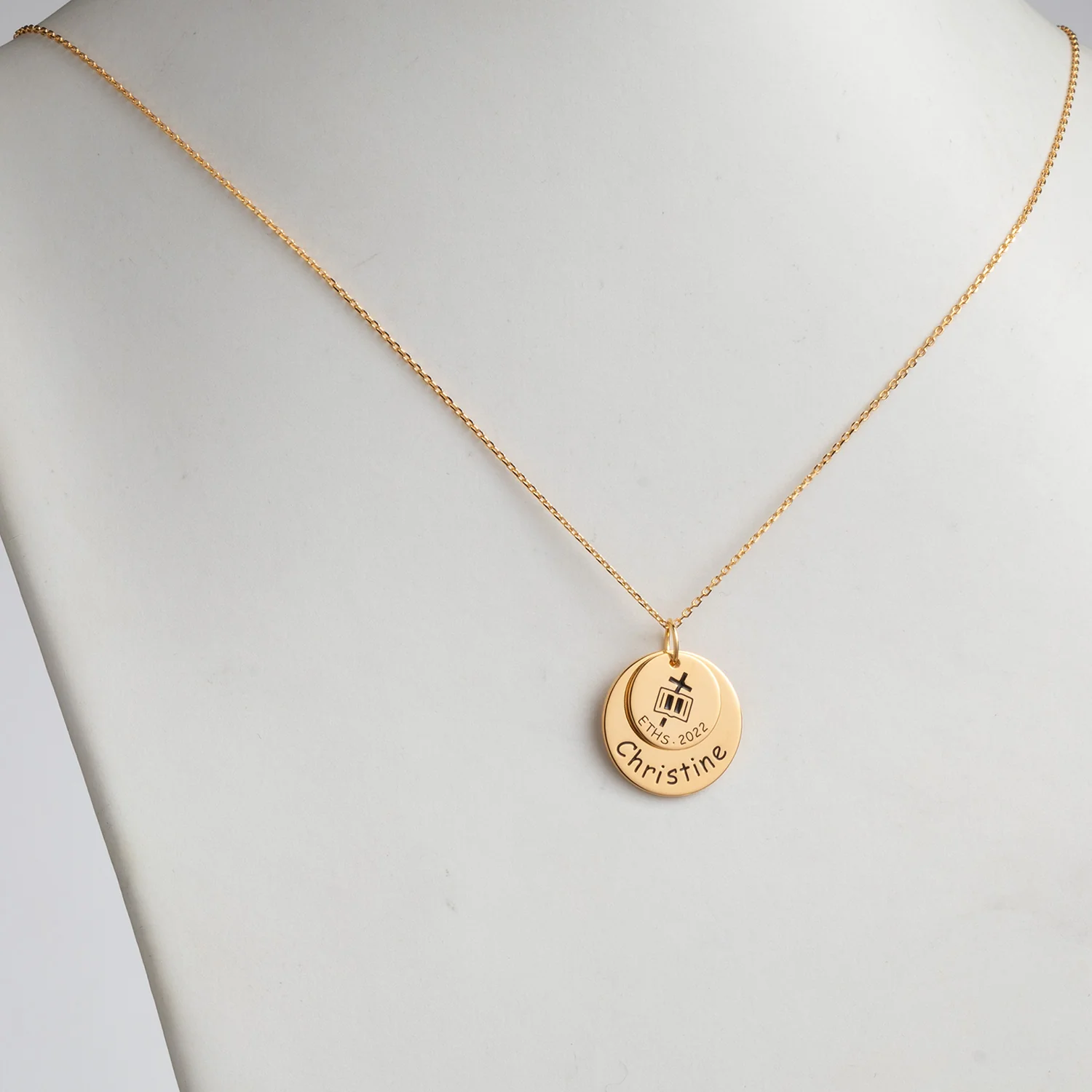 14K Gold over Sterling Graduation Double Disc Necklace with Engraved Cross and Bible - Image 2